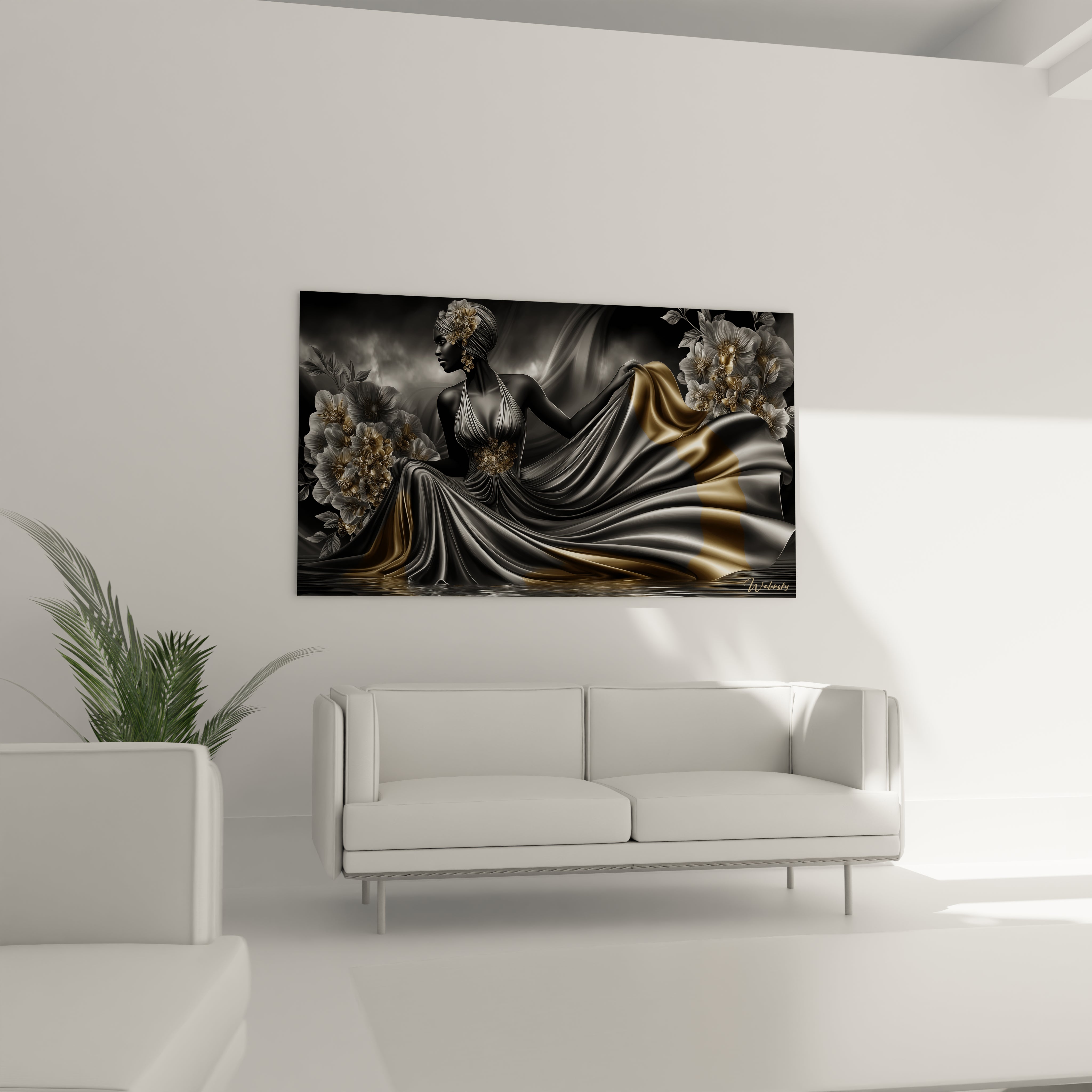 Détail gros plan tableau femme aux fleurs dorées, texture drapés soyeux art contemporain l'or noir