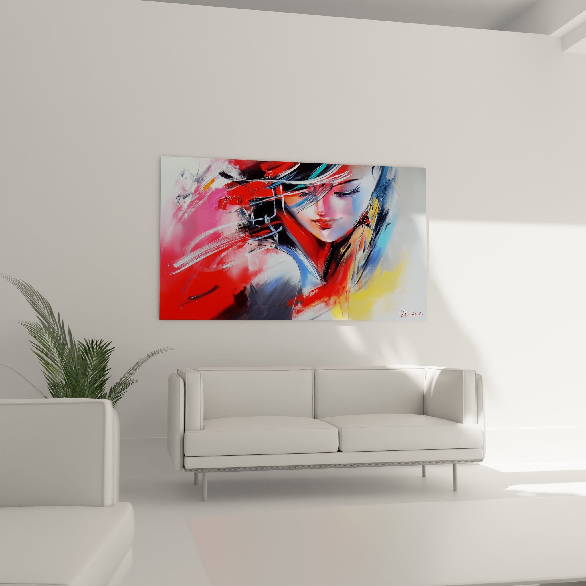 Détail gros plan tableau portrait femme abstrait montrant technique peinture et couleurs vives