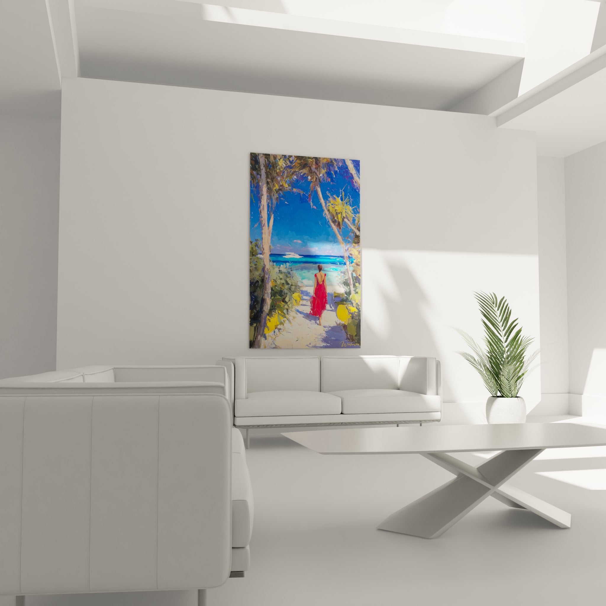 Détail gros plan tableau peinture femme robe rouge technique brushstrokes art tropical