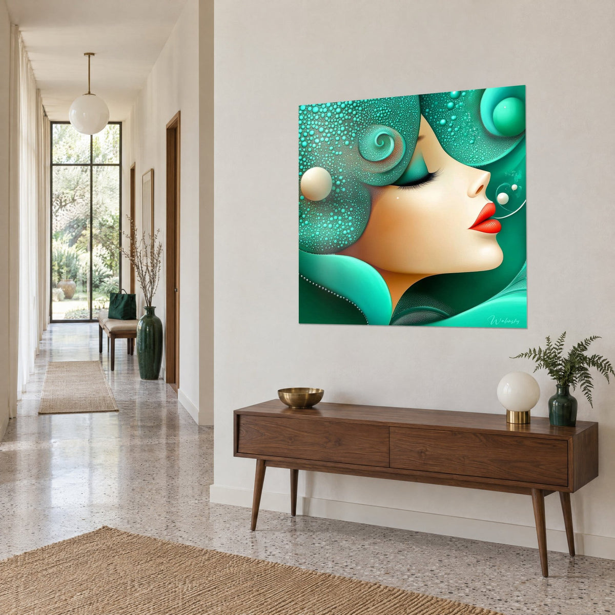 Cuadro retrato estilizado de mujer con rizos en espiral verde menta, burbujas marfil y piel color albaricoque, pasillo y consola de madera