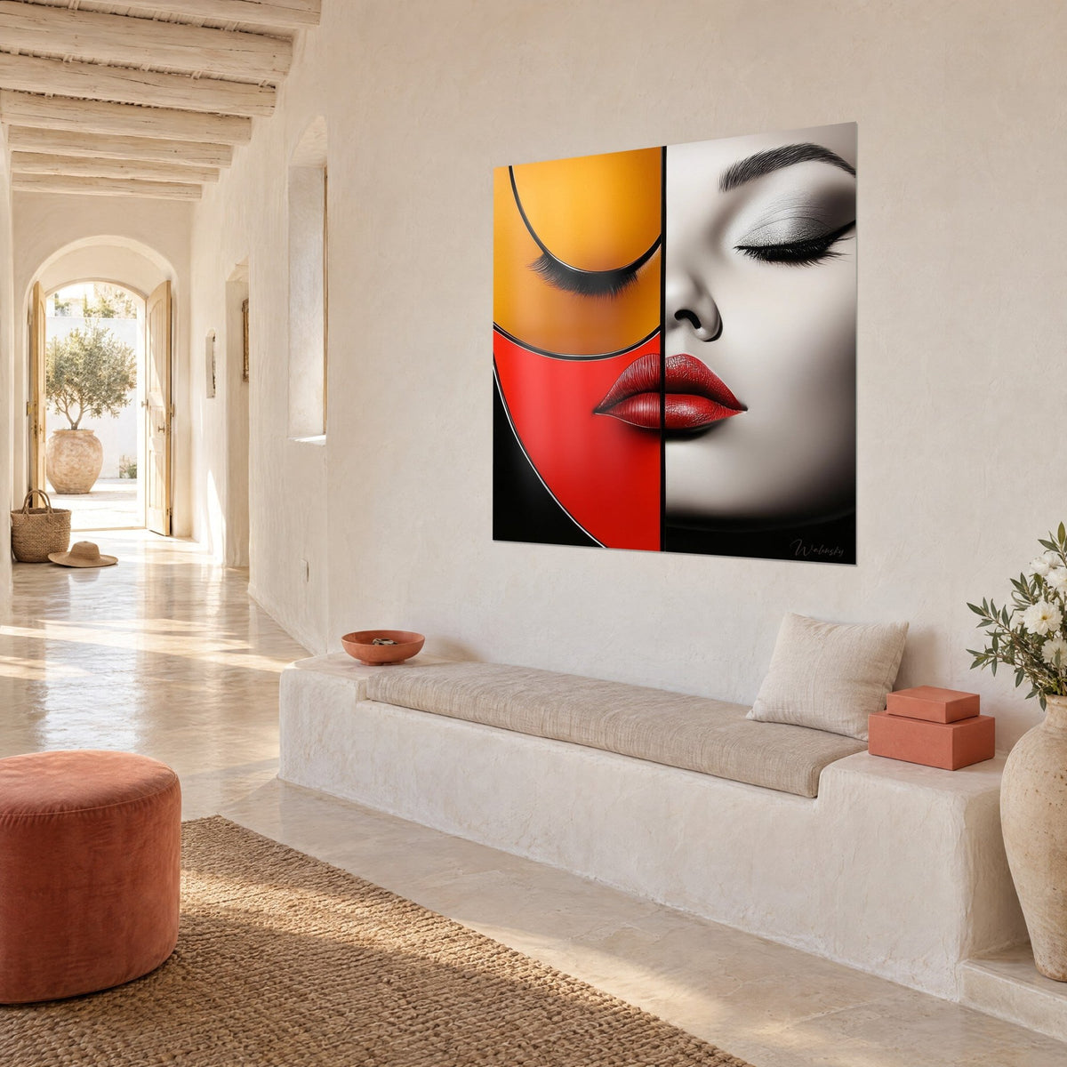 Wall art split-face portrait, carmine lips and black lash on ochre and pearl grey background, on the wall of a Mediterranean home