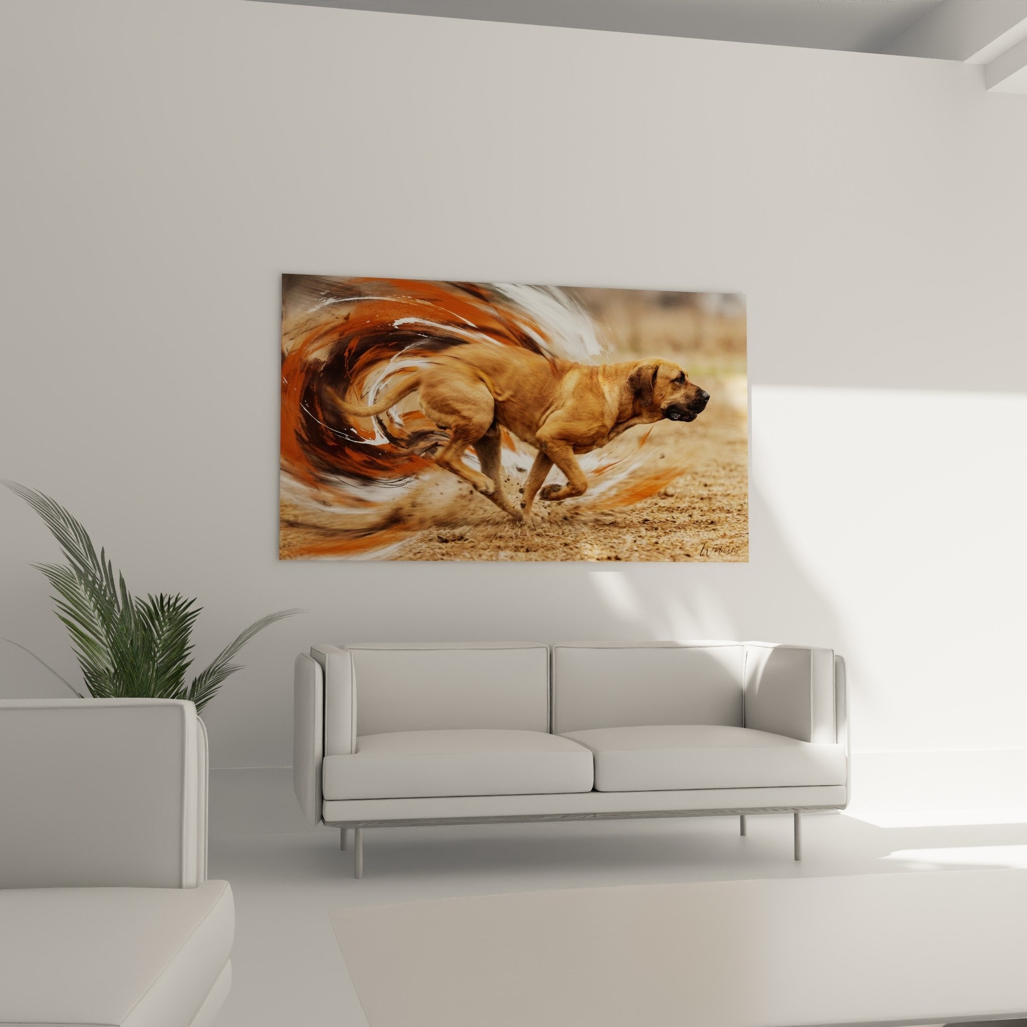 Détail rapproché tableau Fila Brasileiro montrant effets artistiques tourbillonnants et musculature