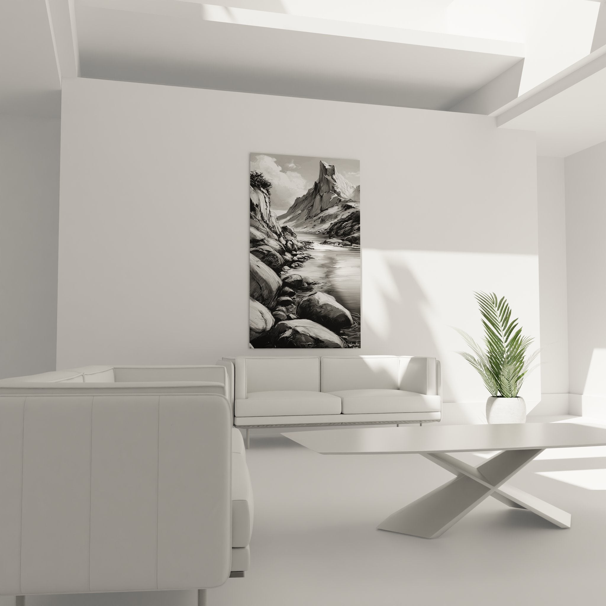 Détail tableau fjord nordique technique gravure rochers lac montagne art mural