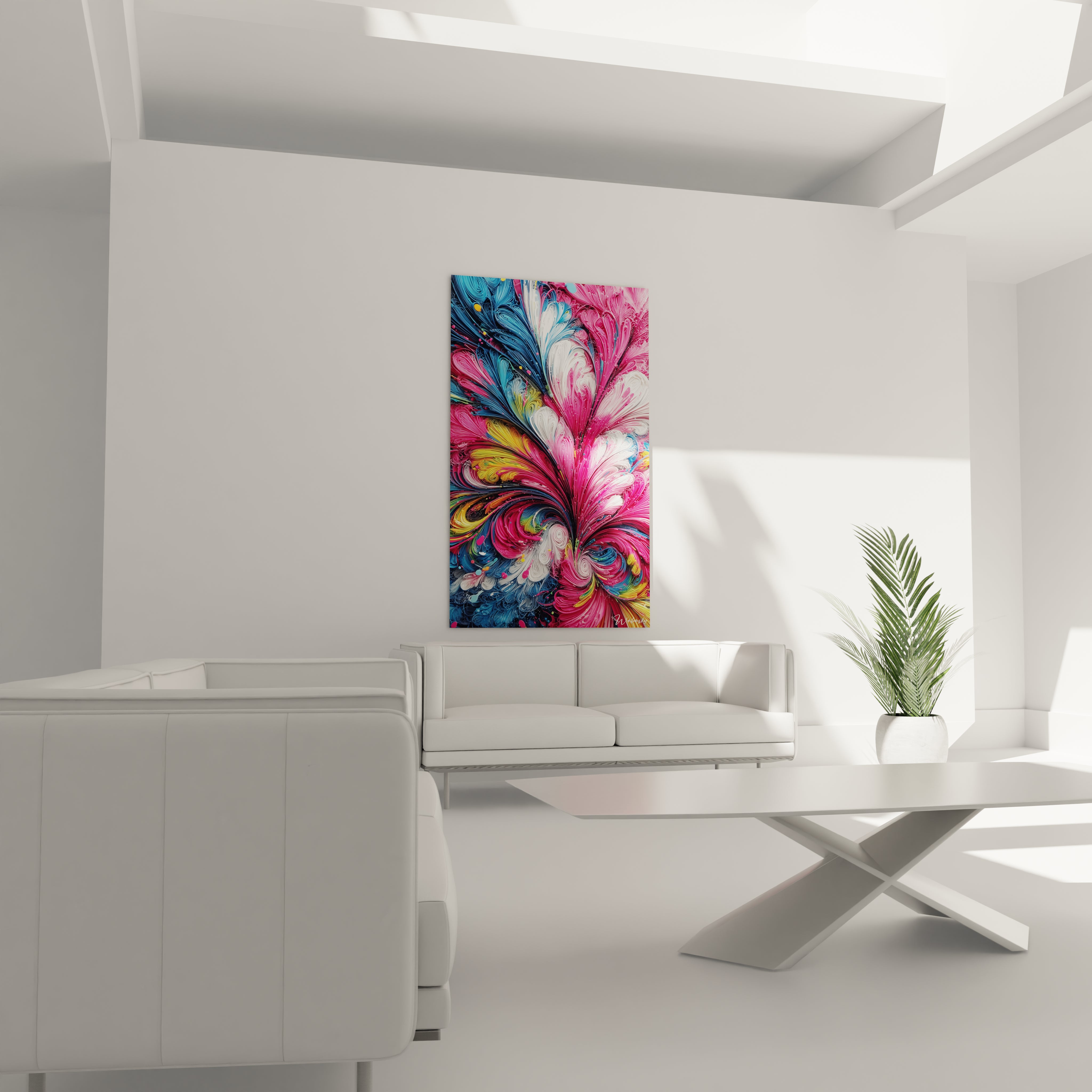 Détail gros plan tableau fleur abstraite, texture marbrée et couleurs vives rose magenta et bleu