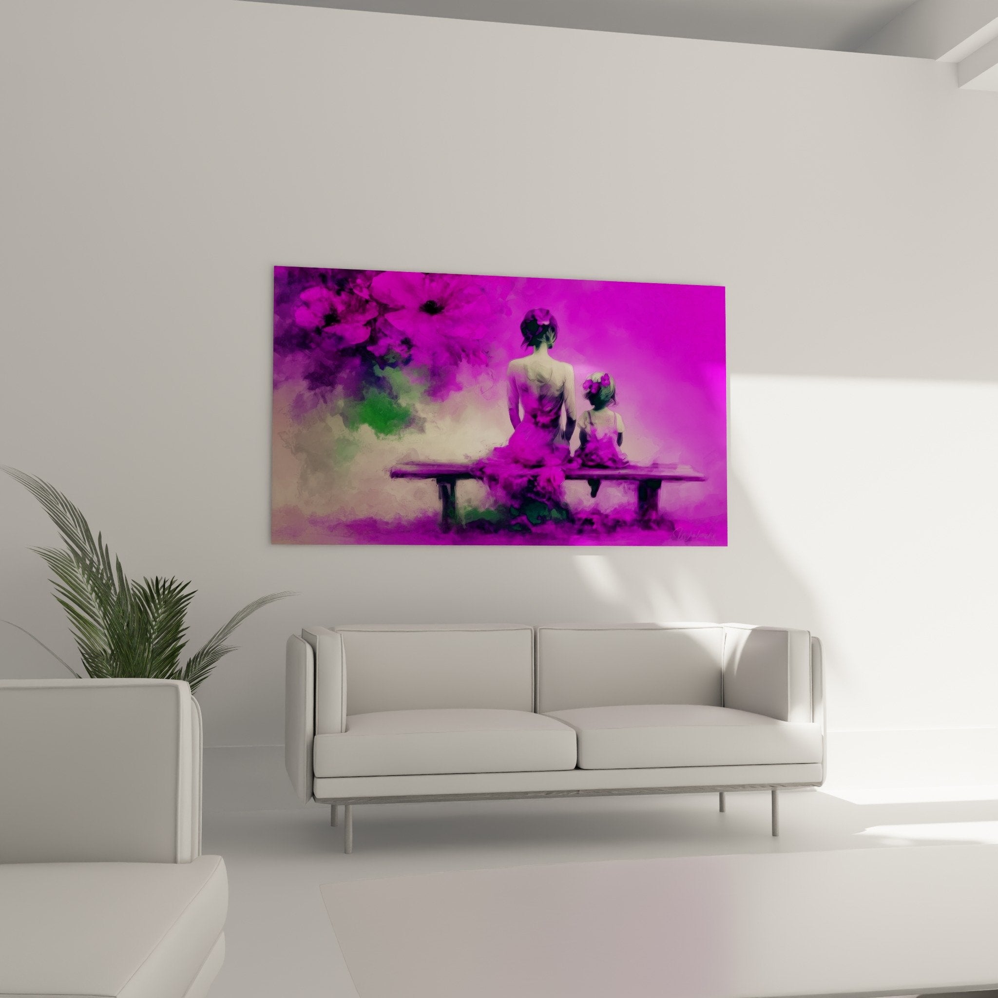 Detail künstlerisches Gemälde technisch unscharf violette Magentatöne ergreifende Familienszene Mohnblüten-Edition