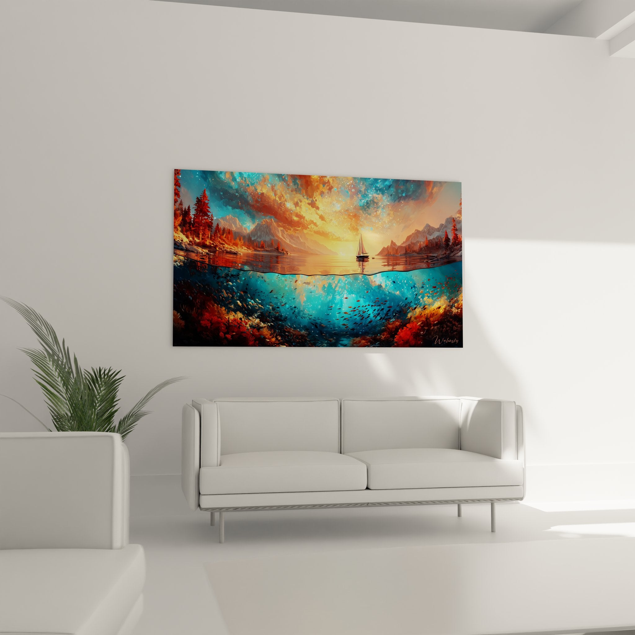 Détail rapproché tableau fonds marins avec coraux rouges et bancs de poissons colorés