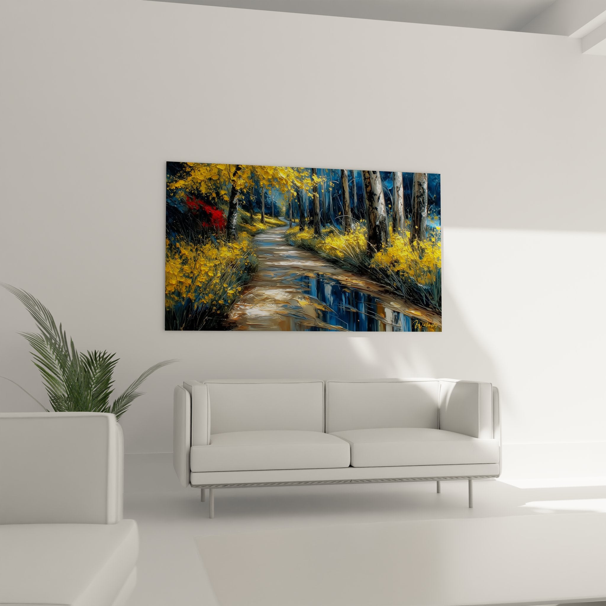 Détail gros plan tableau forestier montrant technique empâtement et reflets aquatiques dorés