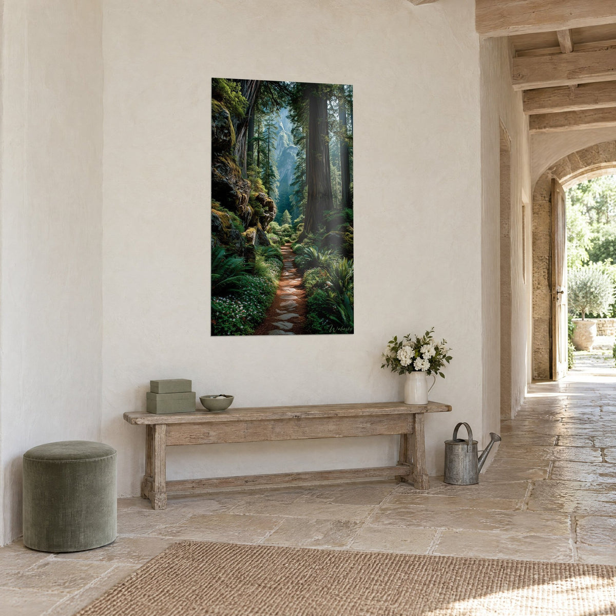 Wall art forest path of pale stone slabs lined with green ferns, bluish cliff in the background, in a stone hallway