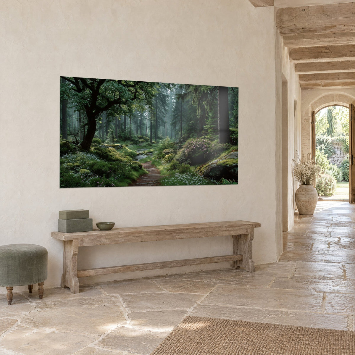 Wall art misty trail between fir trees and gnarled oak, deep green and blue-grey tones, on a rough plastered wall, three-quarter view, wood and stone