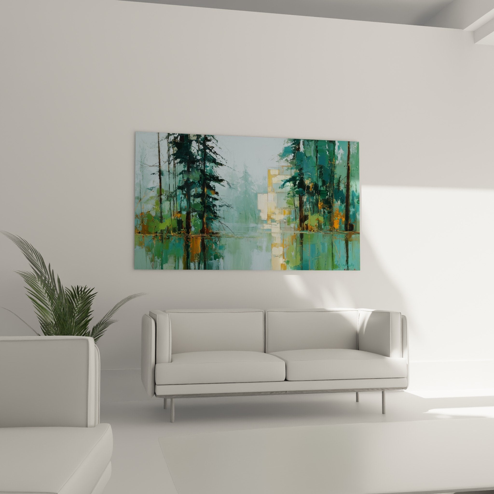 Abstract Forest Painting Green Gold Tones - Feng Shui East Wood