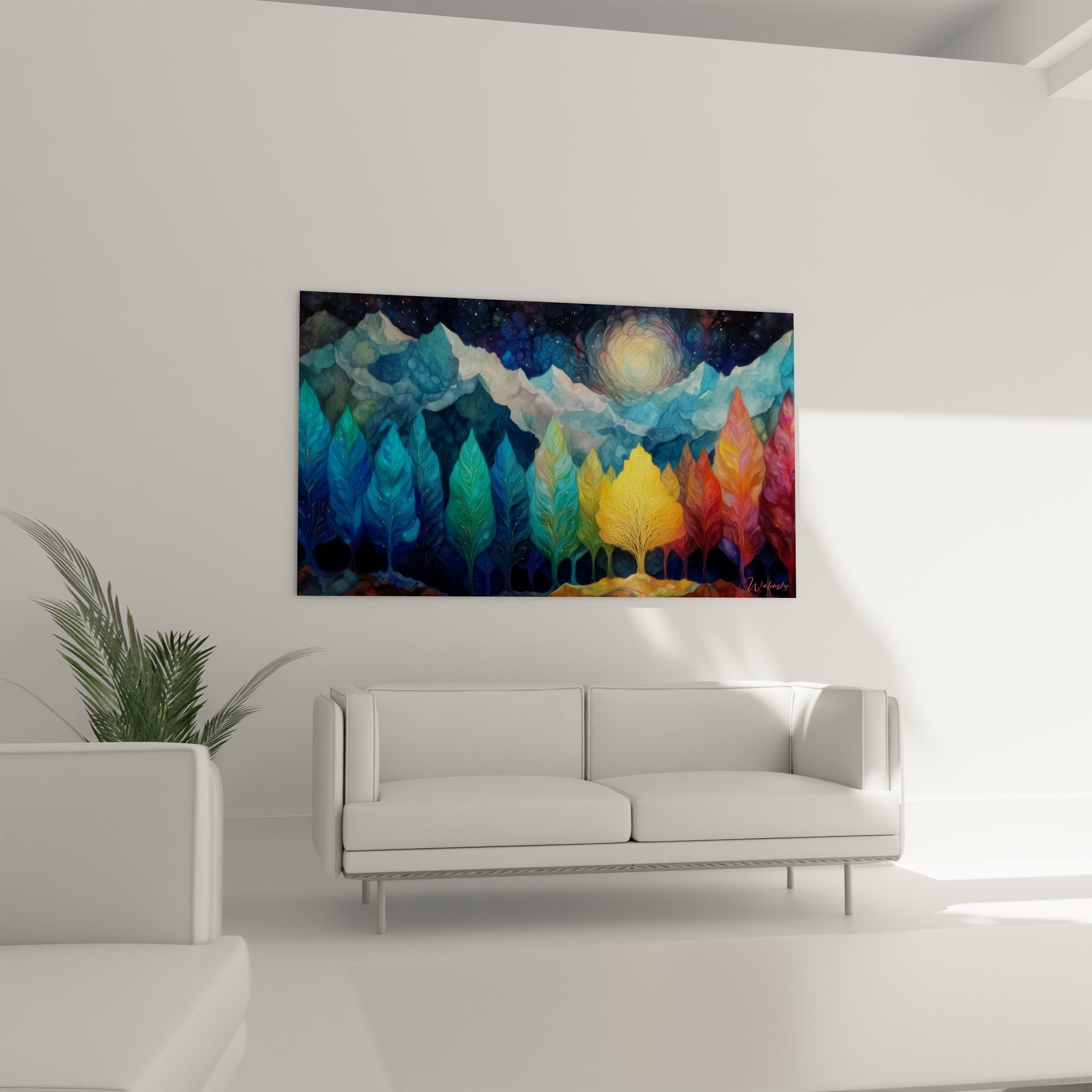 Close-up detail of colorful forest mountain wall art, textured rainbow trees and northern lights