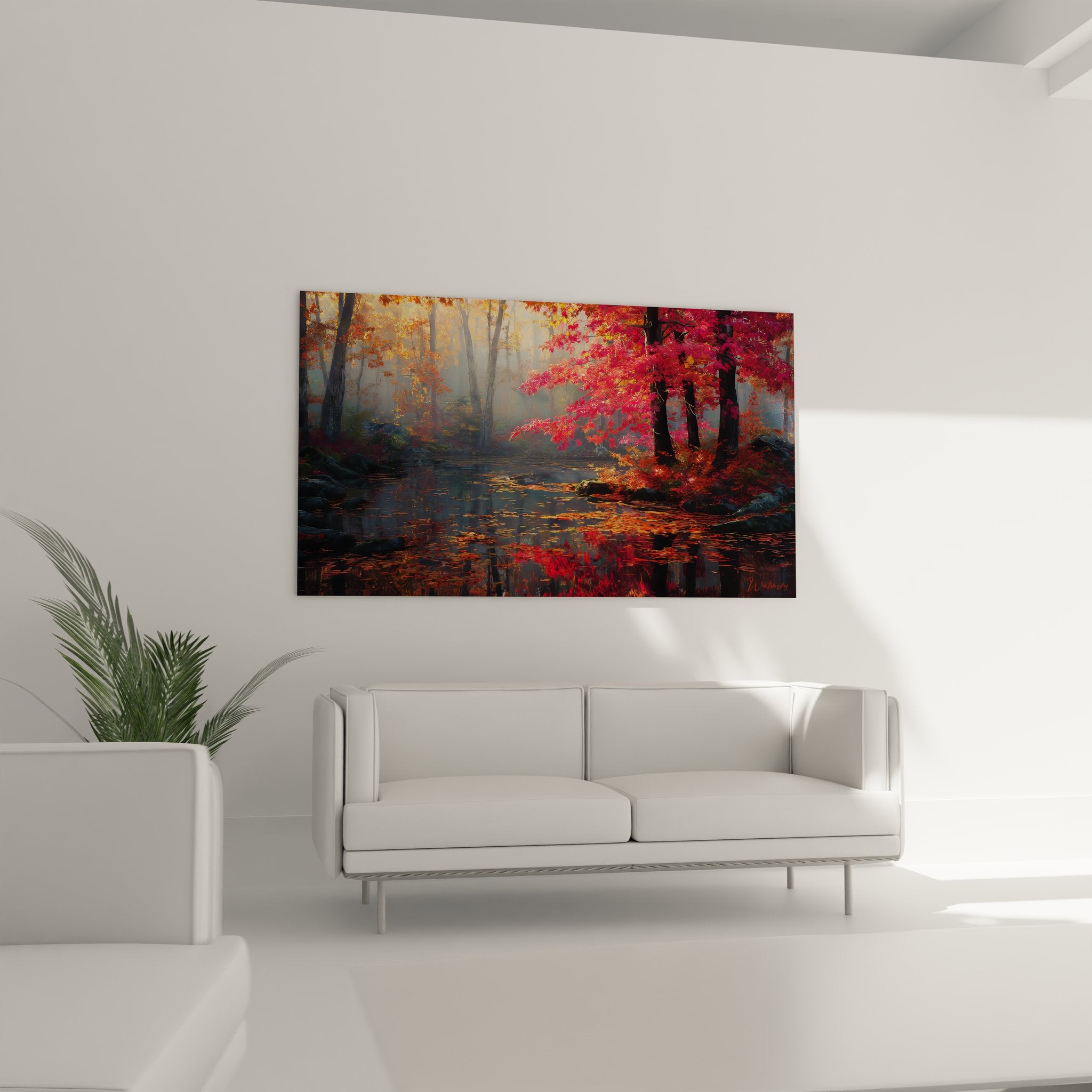 Détail gros plan tableau forêt lac automne, érable rouge écarlate et reflets colorés texture artistique