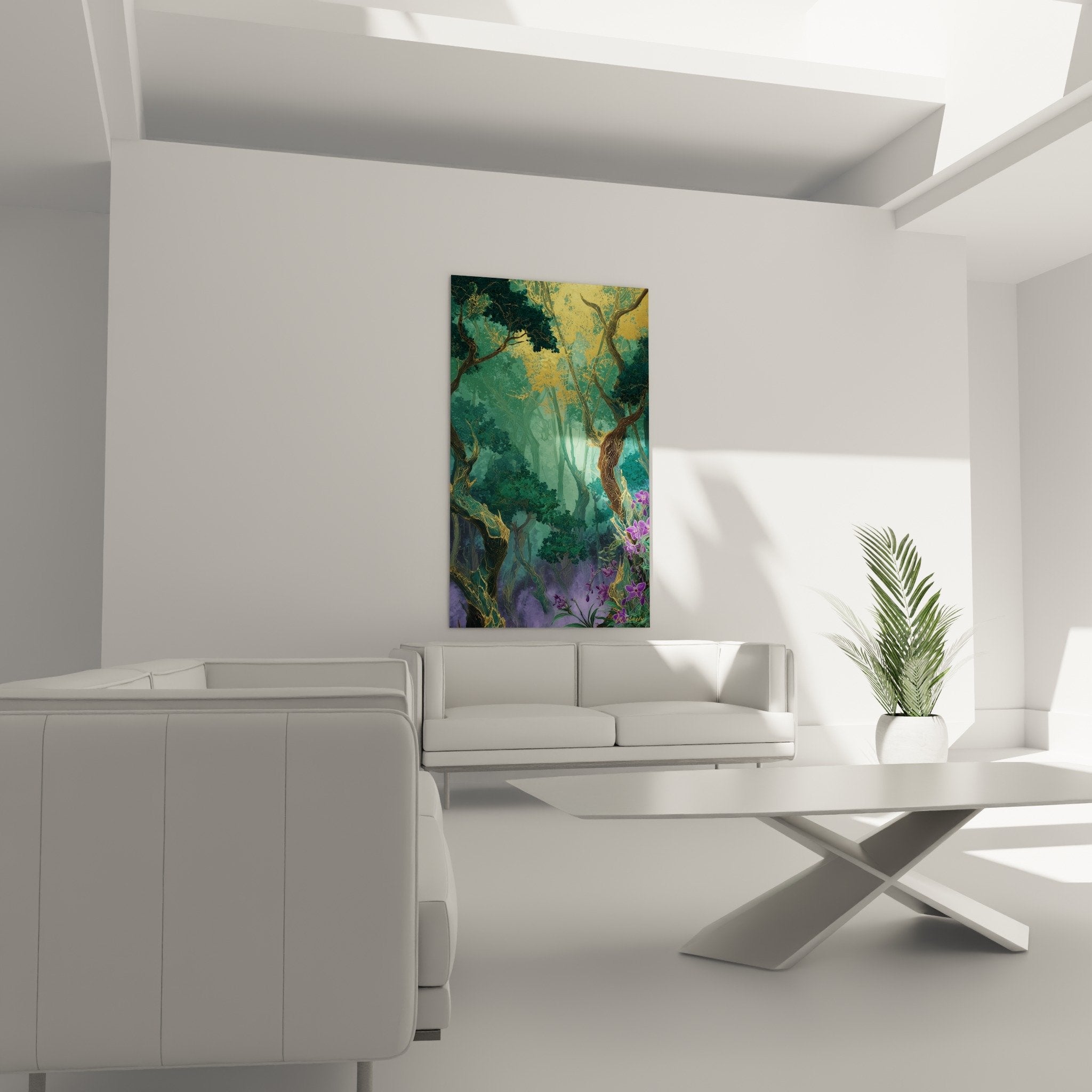 Detail tableau foret mystique textures branches organiques tons turquoise or feng shui sud-est bois
