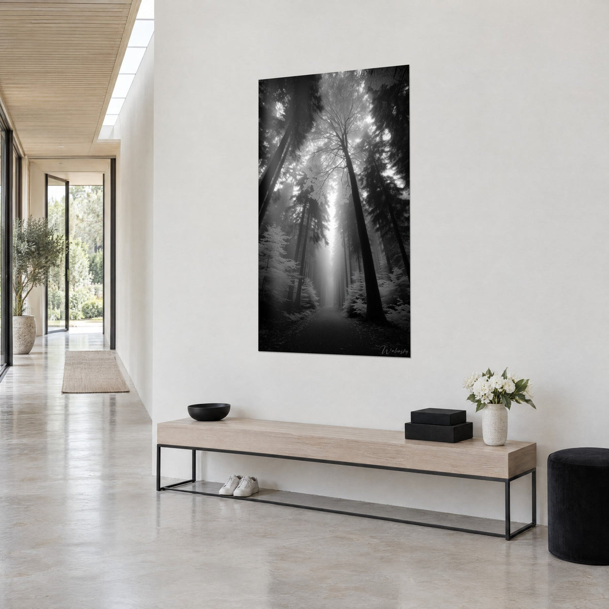 Quadro sottobosco nebbioso, viale grigio tra abeti neri e fogliame bianco, vista a tre quarti in un corridoio chiaro