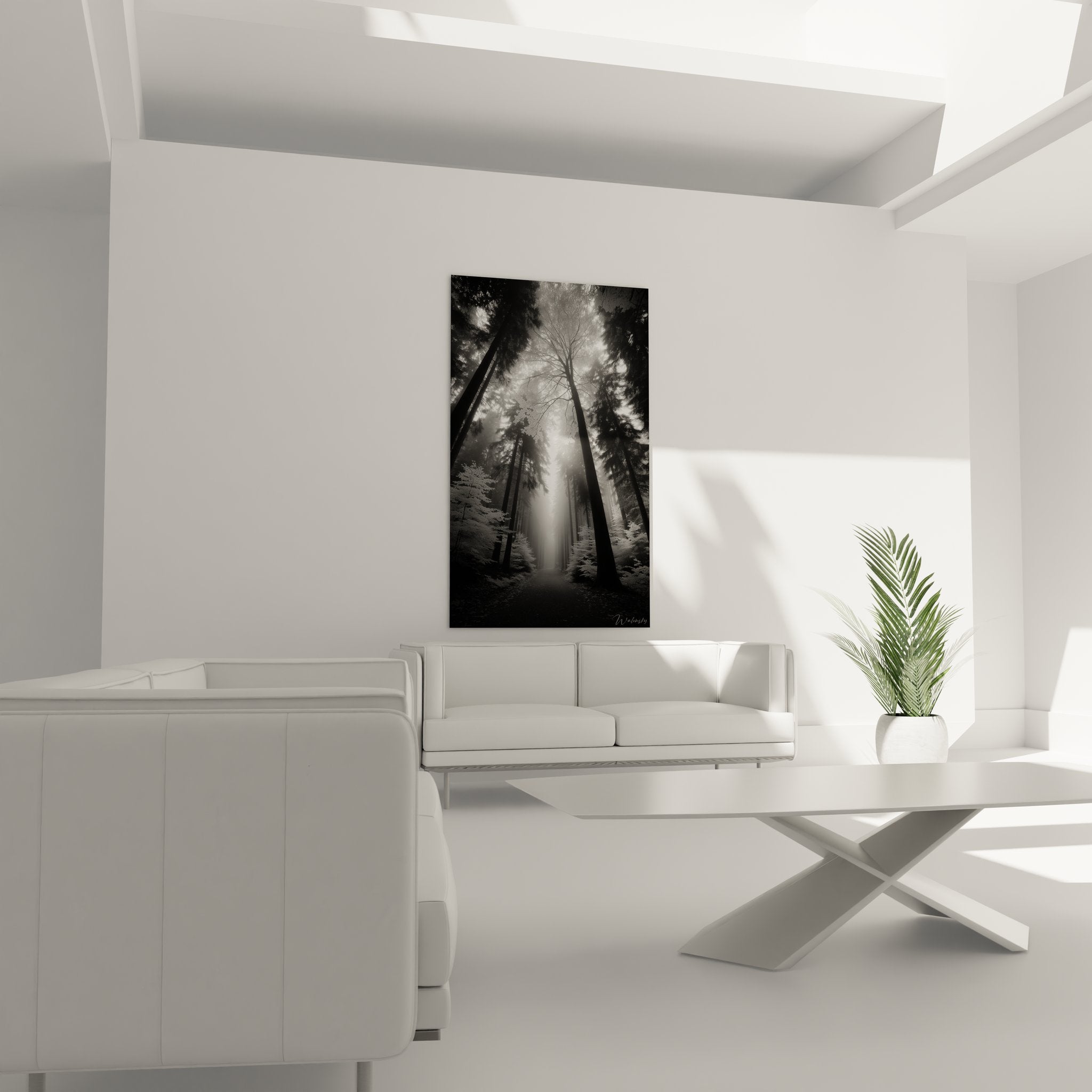 Détail tableau forêt mystérieuse rayons lumineux texture arbres silhouettes noir blanc art mural nature zen