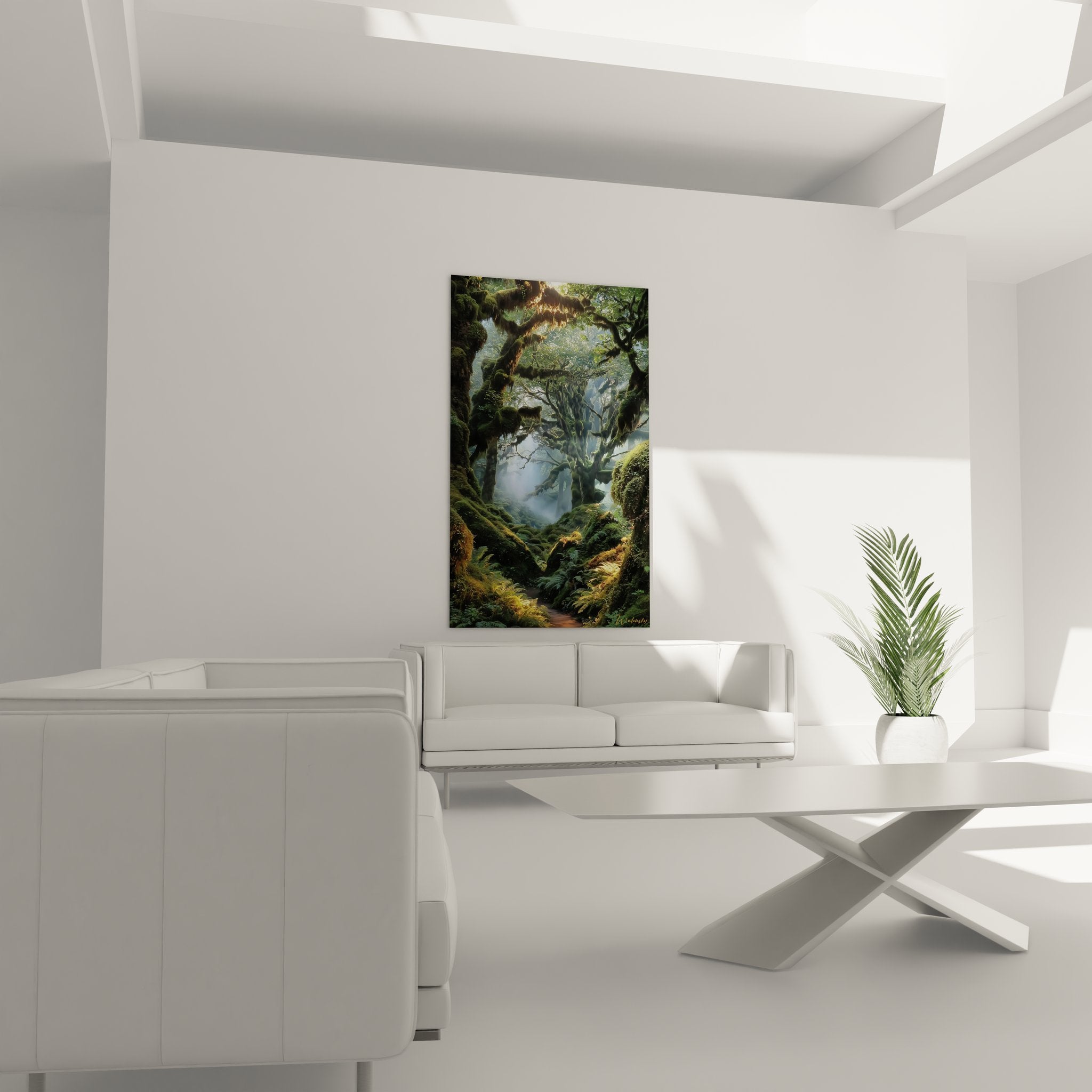 Détail tableau forêt mystique montrant texture mousse et brume entre arbres centenaires