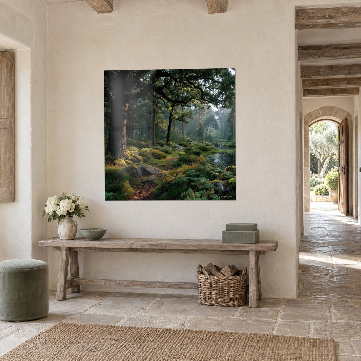 Wall art enchanted clearing, shimmering pond and soft green ferns, brown trunks in the mist, on a cream stone entrance wall