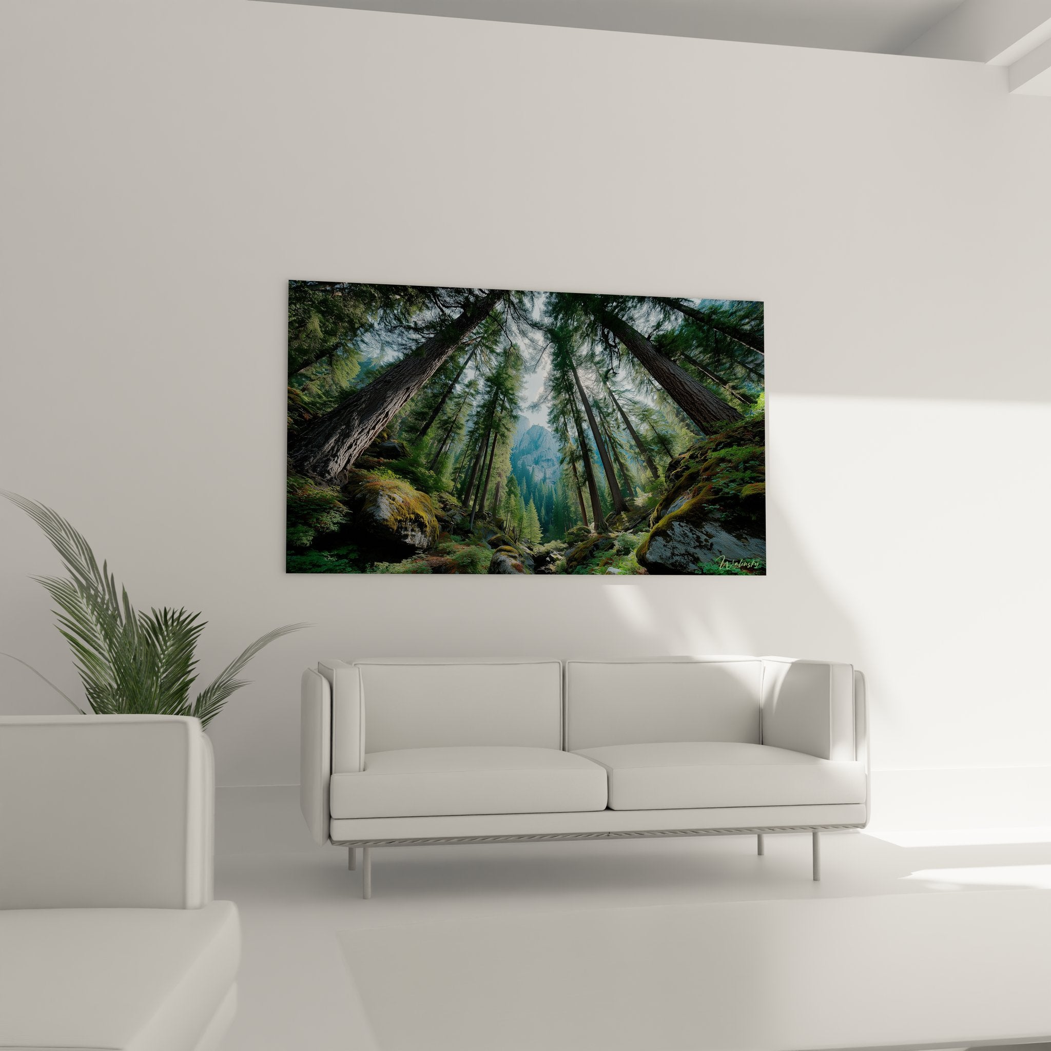 Détail tableau forêt showing textures mousses rochers et écorces séquoias art mural nature