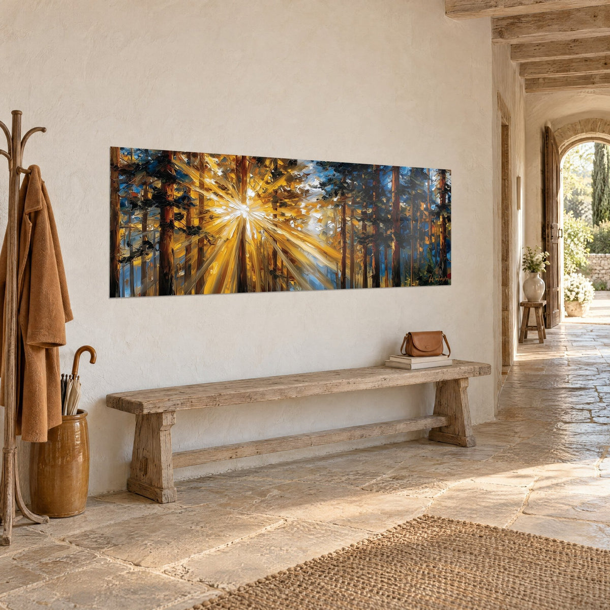 Wall art sunbeams slicing through pines, amber and cobalt blue impasto highlights, stone wall of a light hallway