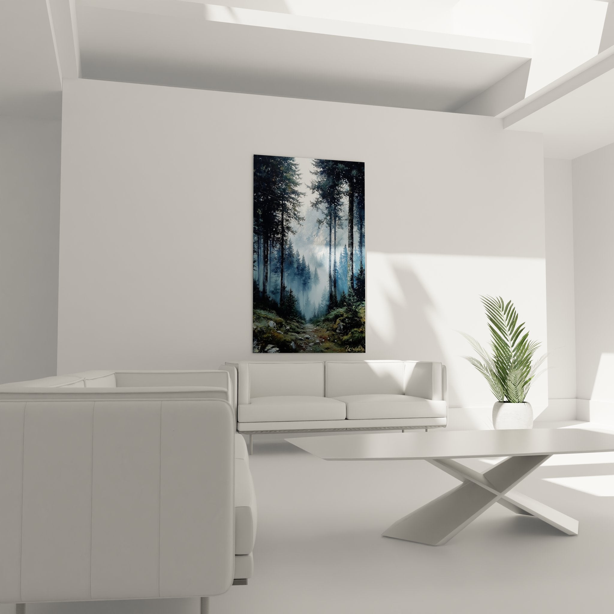 Détail tableau forêt montrant texture rayons de soleil filtrant à travers sapins et brume matinale