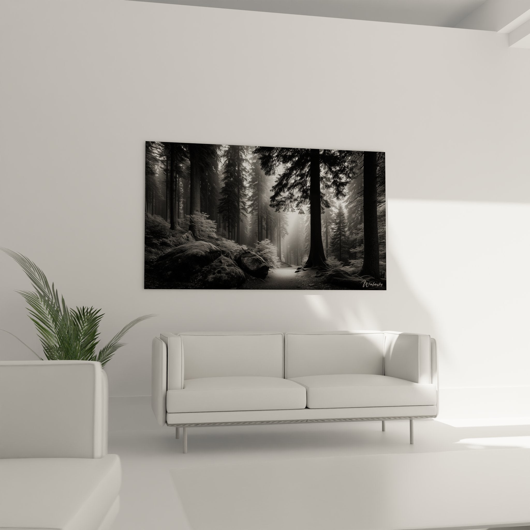 Détail rapproché tableau forêt montrant textures rochers moussus et jeu lumière ombre entre arbres