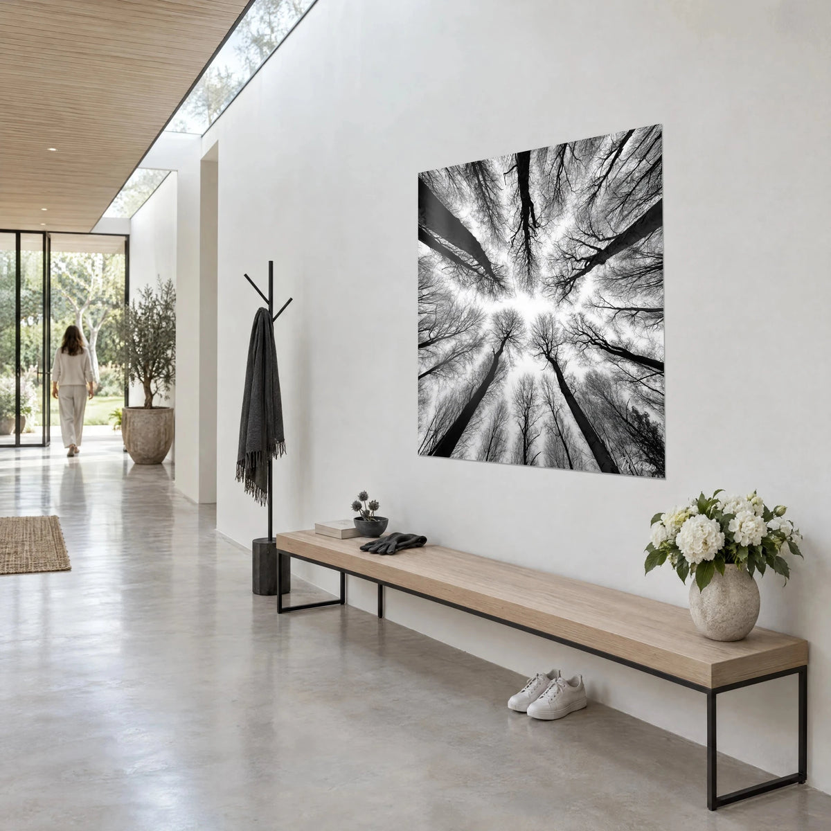 Tableau canopée en contre-plongée, branches noires dentelées sur ciel blanc, mur beige, banc en bois, hall vitré