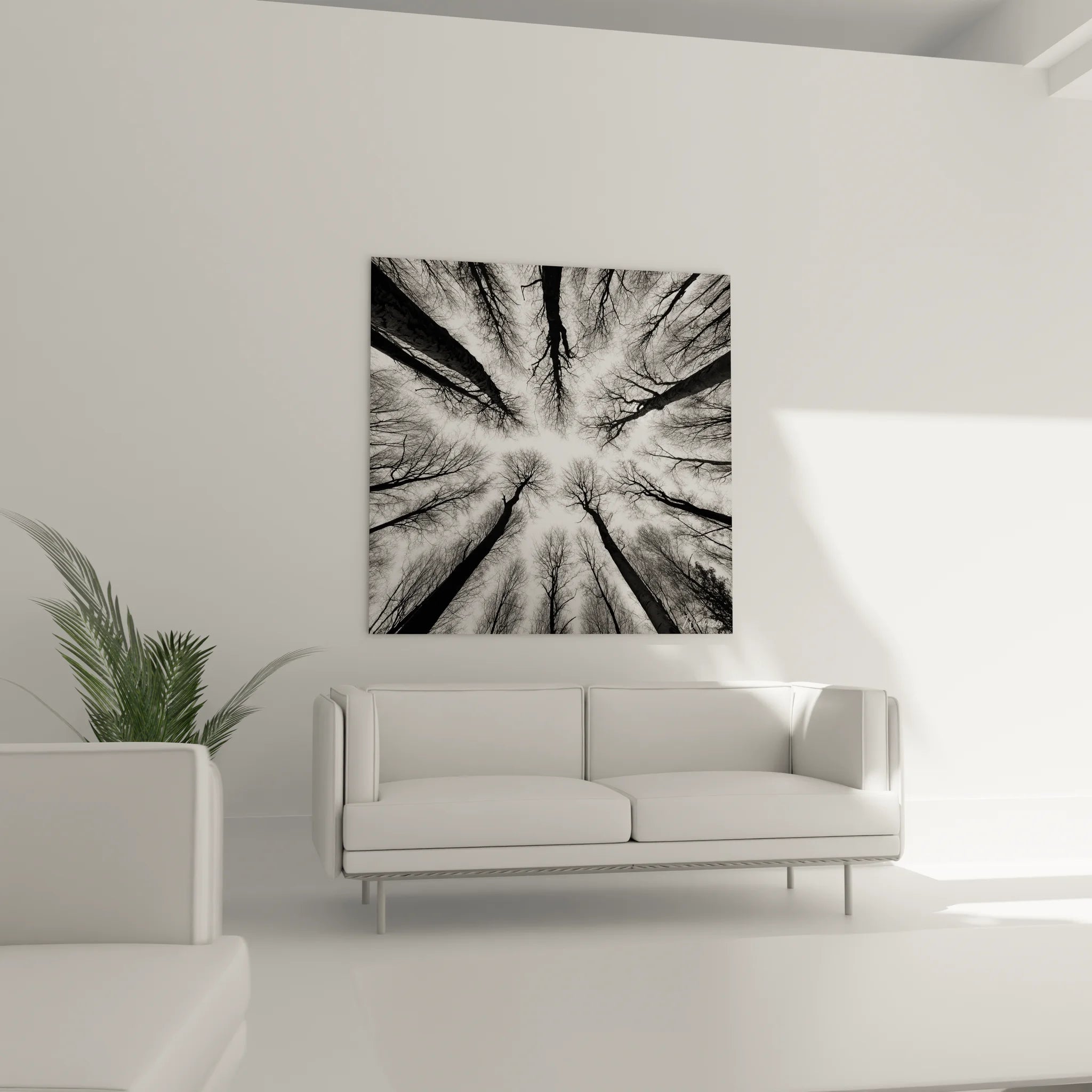 Détail tableau forêt monochrome montrant texture troncs arbres et branches perspective plongée