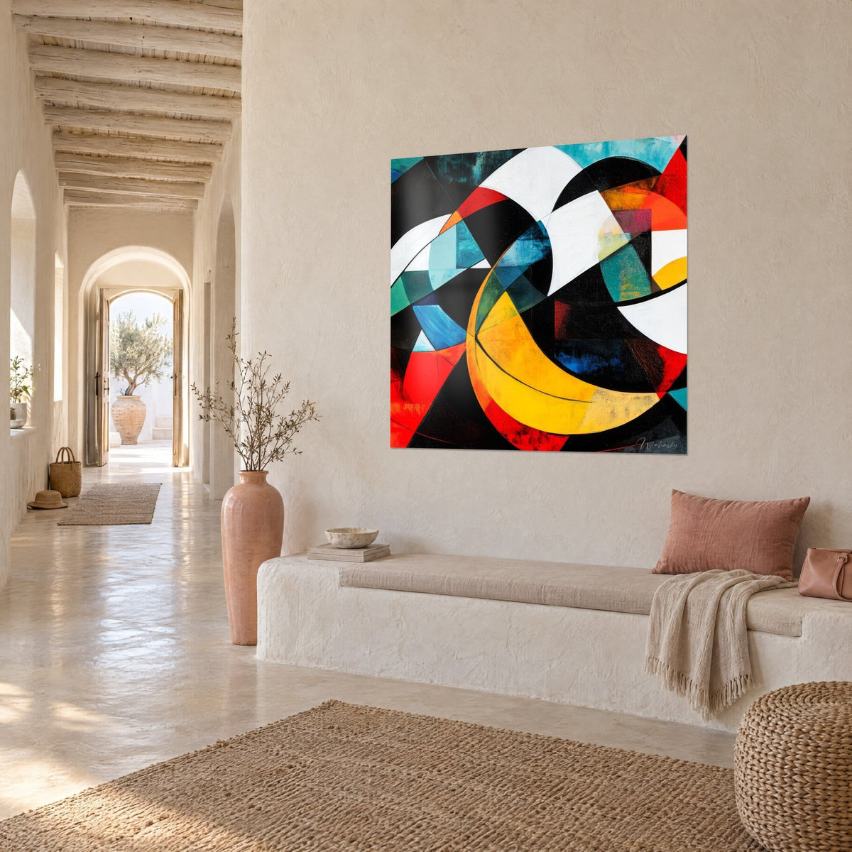 Wall art with abstract composition of white and black crescents, duck-blue and orange highlights, whitewashed wall of a vaulted hallway