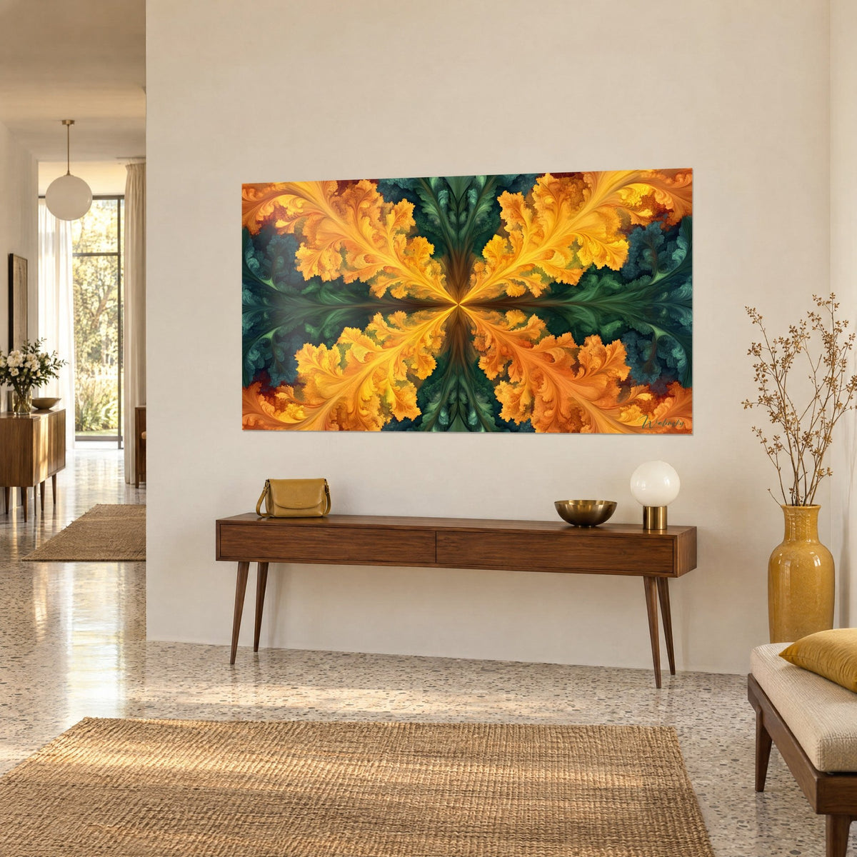 Cuadro fractal kaleidoscópico, frondas de helecho naranja cobre sobre fondo verde azulado, colgado en diagonal sobre una consola de madera