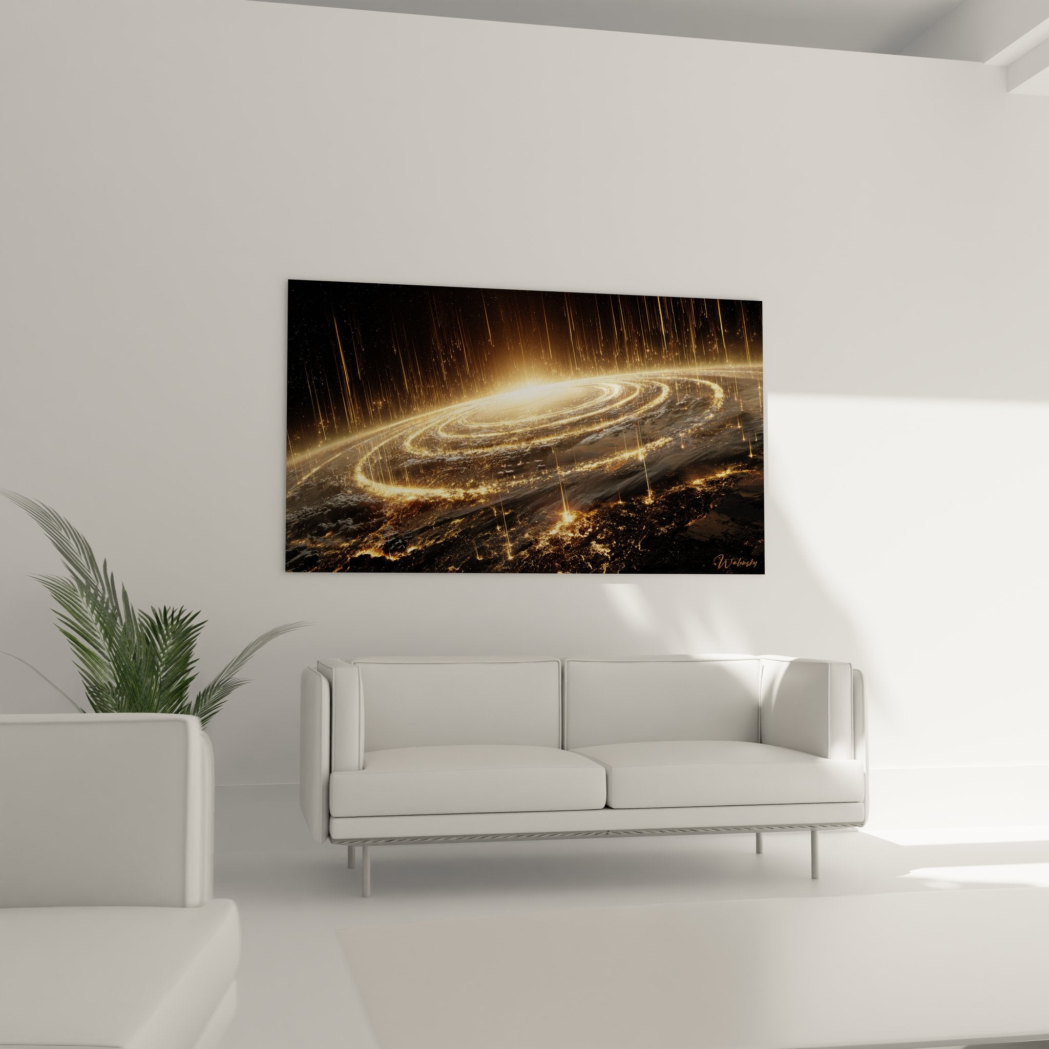 Détail rapproché tableau galaxie montrant textures dorées et effets lumineux de la spirale cosmique