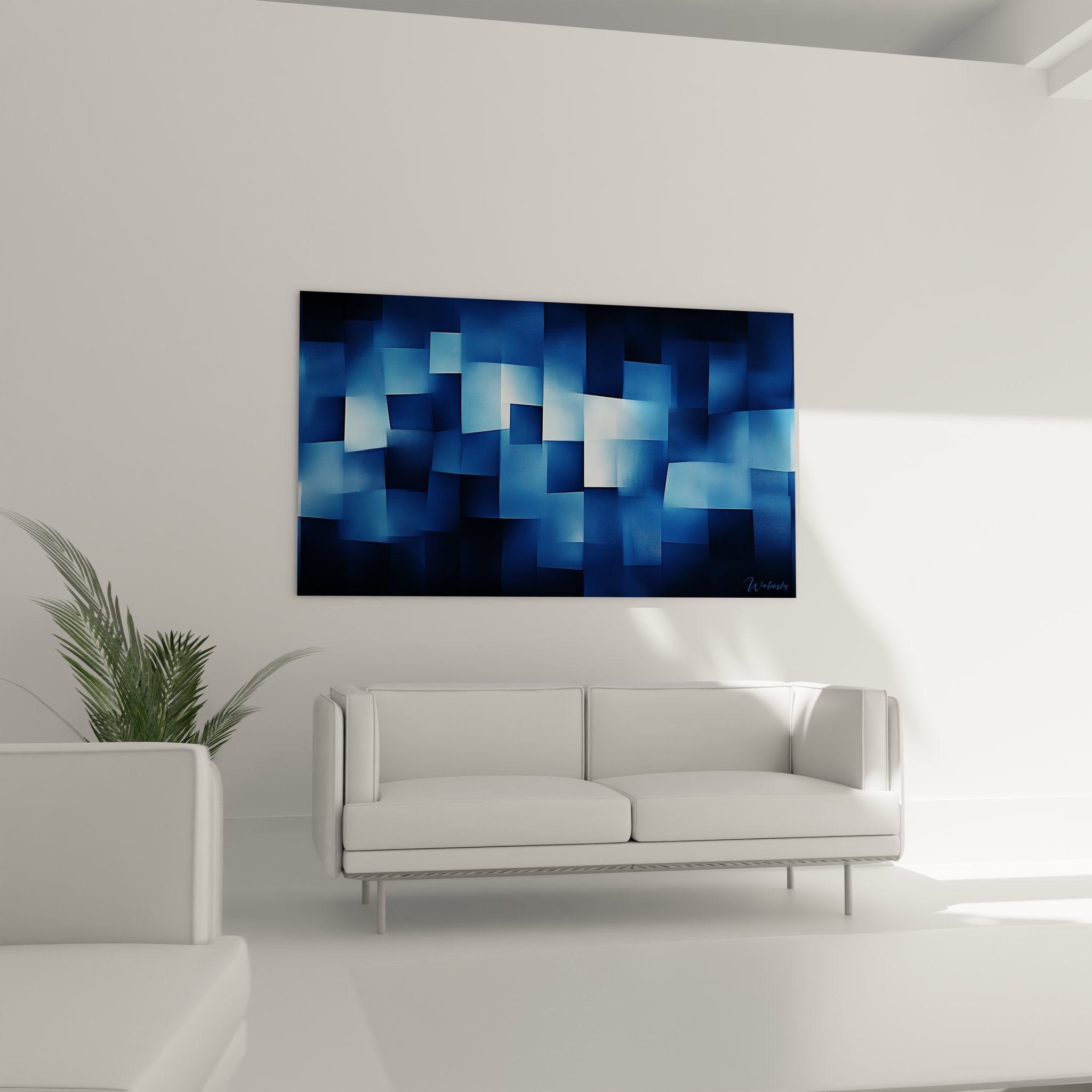 Gros plan détail tableau géométrique abstrait nuances bleues transparences formes cubiques
