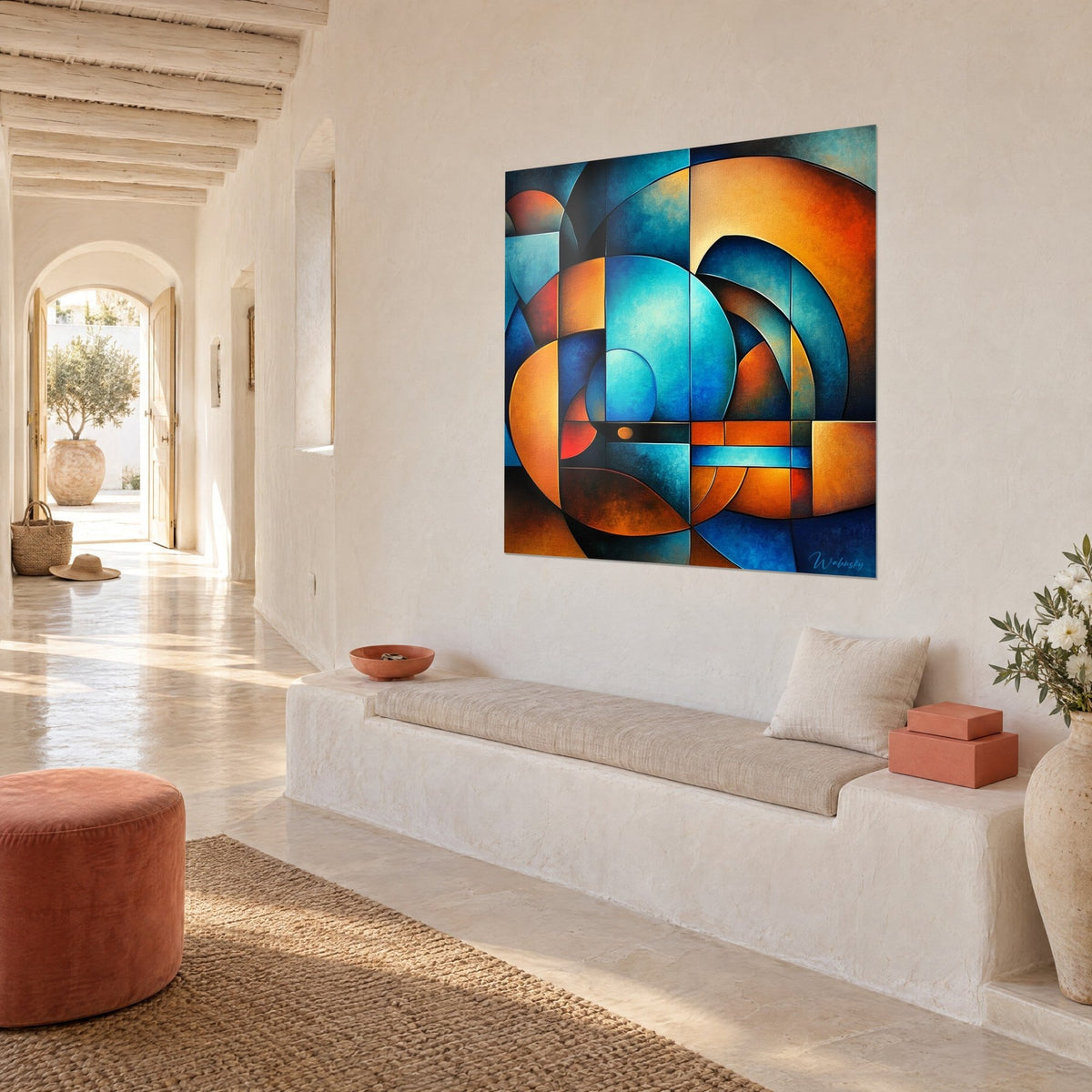 Wall art with an abstract composition of burnt orange arcs and an azure disc, three-quarter view against a whitewashed wall