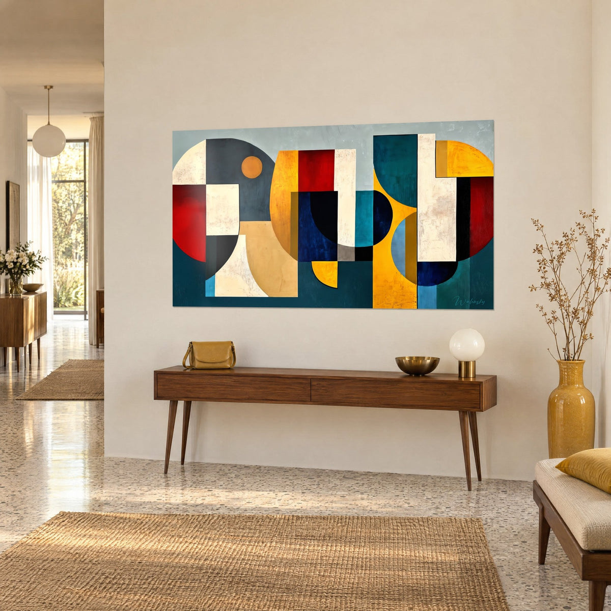 Wall art with an abstract composition of circles and rectangles in saffron yellow, teal and cream, on a wooden console, light beige wall
