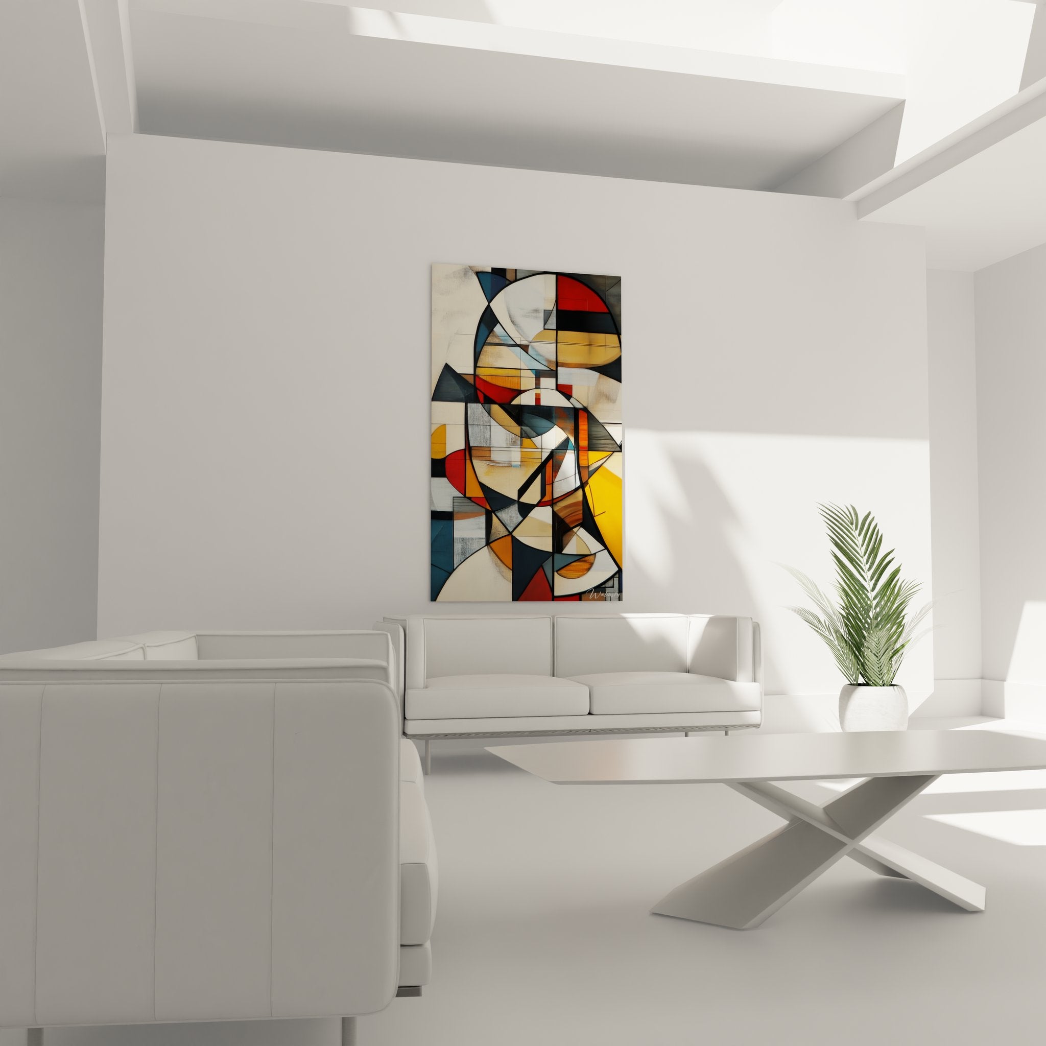 Détail tableau géométrique abstrait, gros plan sur formes colorées et lignes entrecroisées