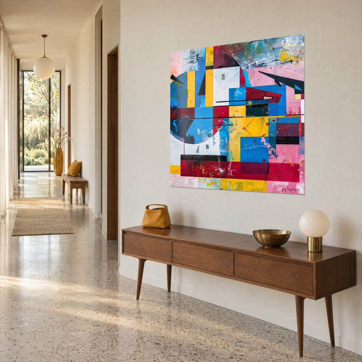 Tableau composition abstraite en blocs magenta, jaune et bleu ciel, traits noirs, vue de trois-quarts au-dessus d'un buffet en bois