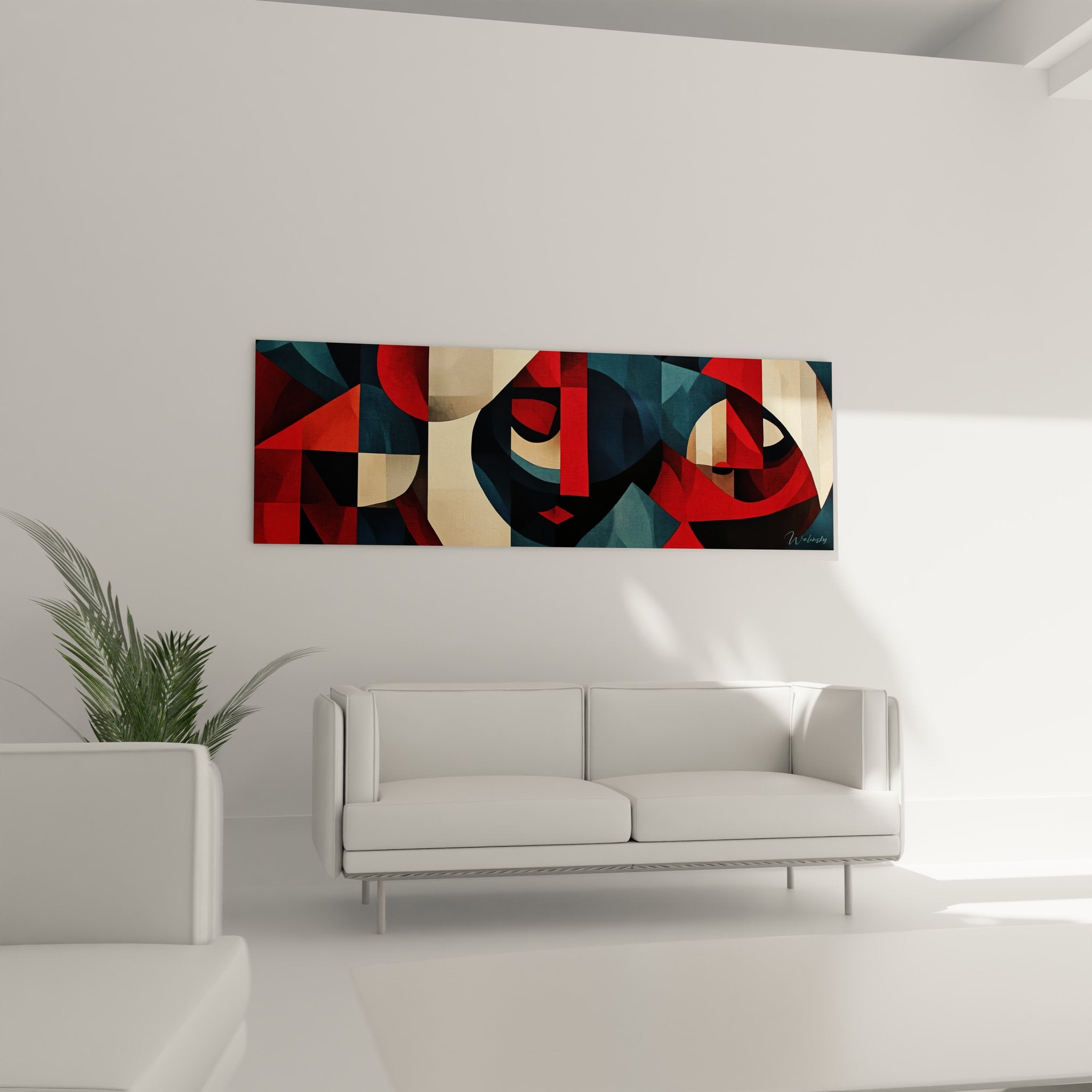 Détail gros plan tableau abstrait géométrique texture formes entrelacées couleurs rouge bleu