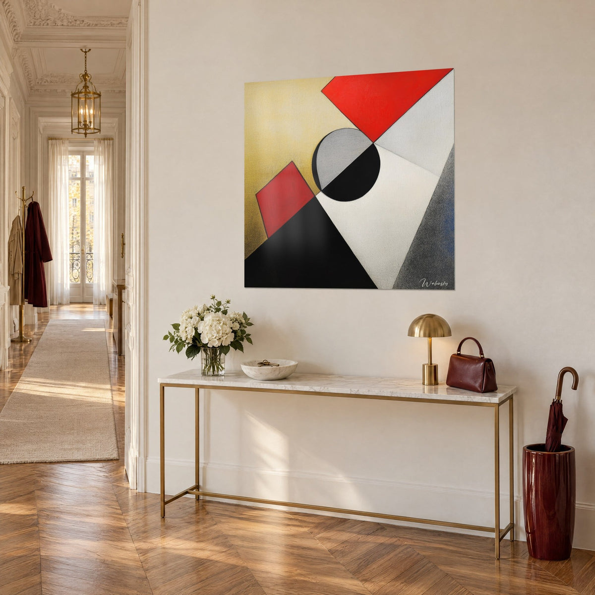 Wall art scarlet polygons and black triangle on ochre background, grey circle cut diagonally, gilded console, Haussmann-style entrance