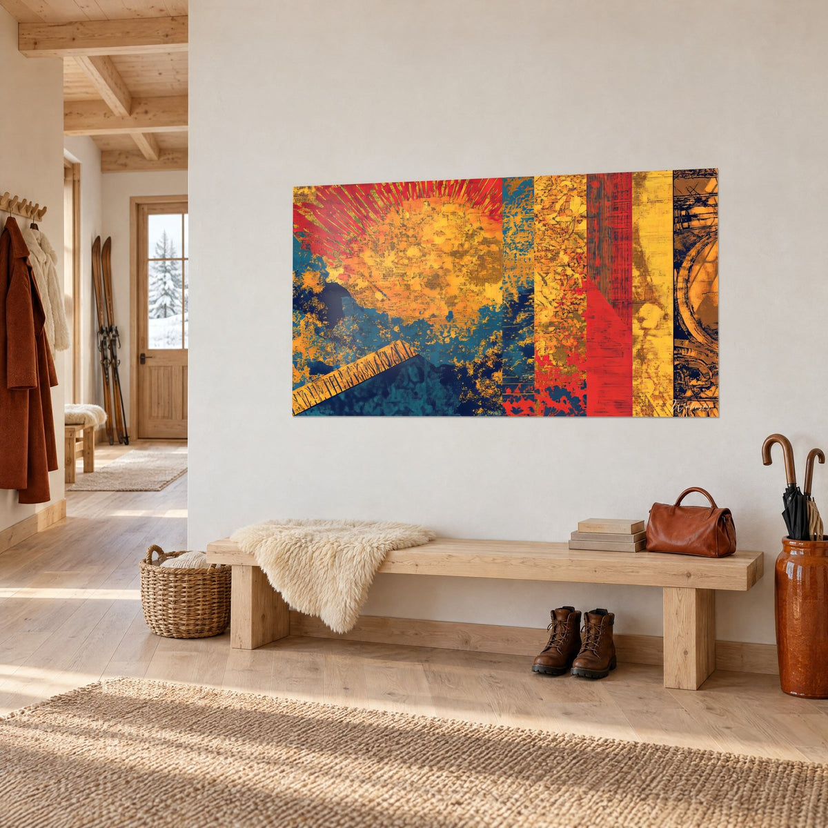 Tableau mosaïque abstraite de bleu marine, rouge vif et jaune safran, accrochée sur un mur blanc d'entrée en chalet