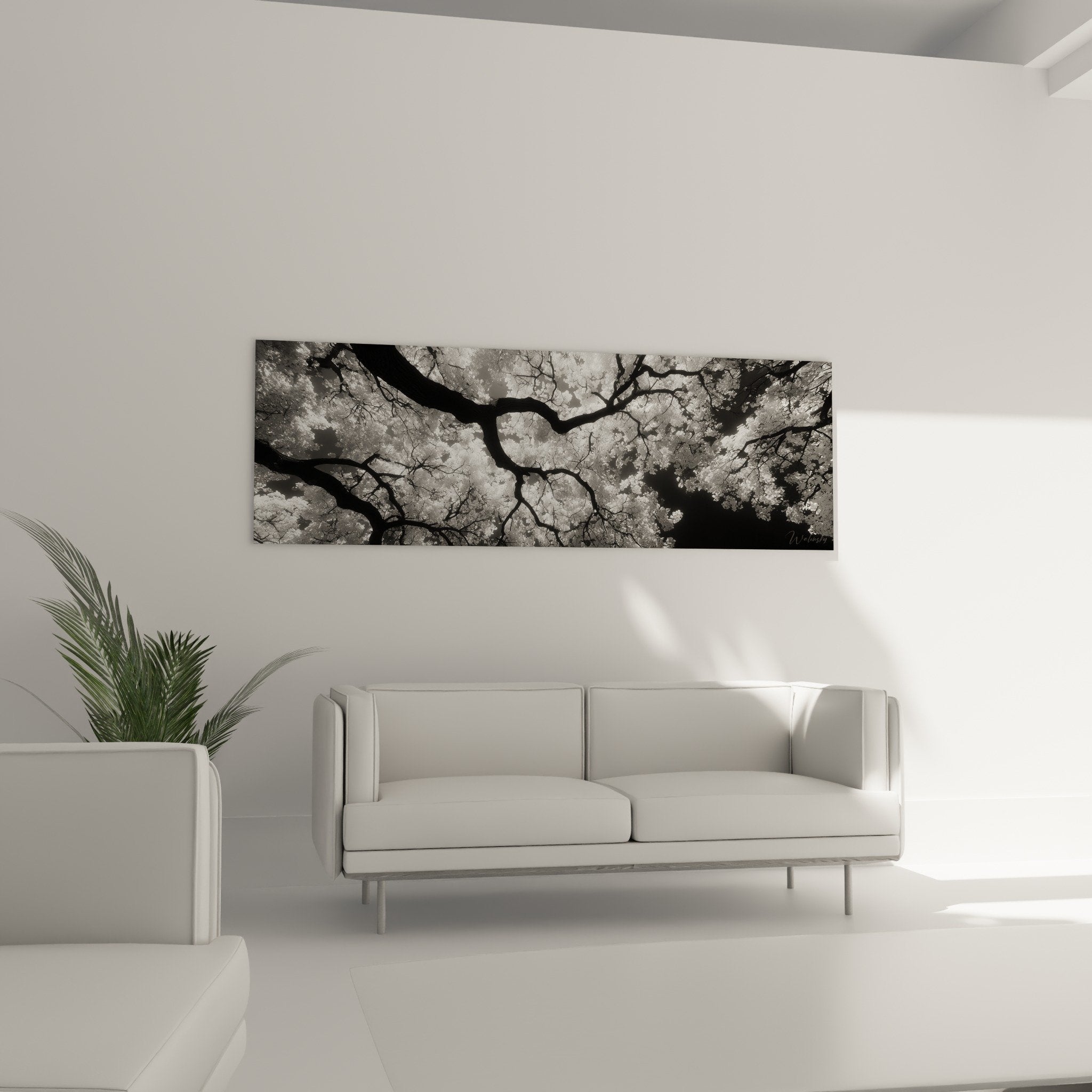 Détail rapproché tableau ginkgo montrant contraste branches sombres feuillage clair, texture toile, qualité impression