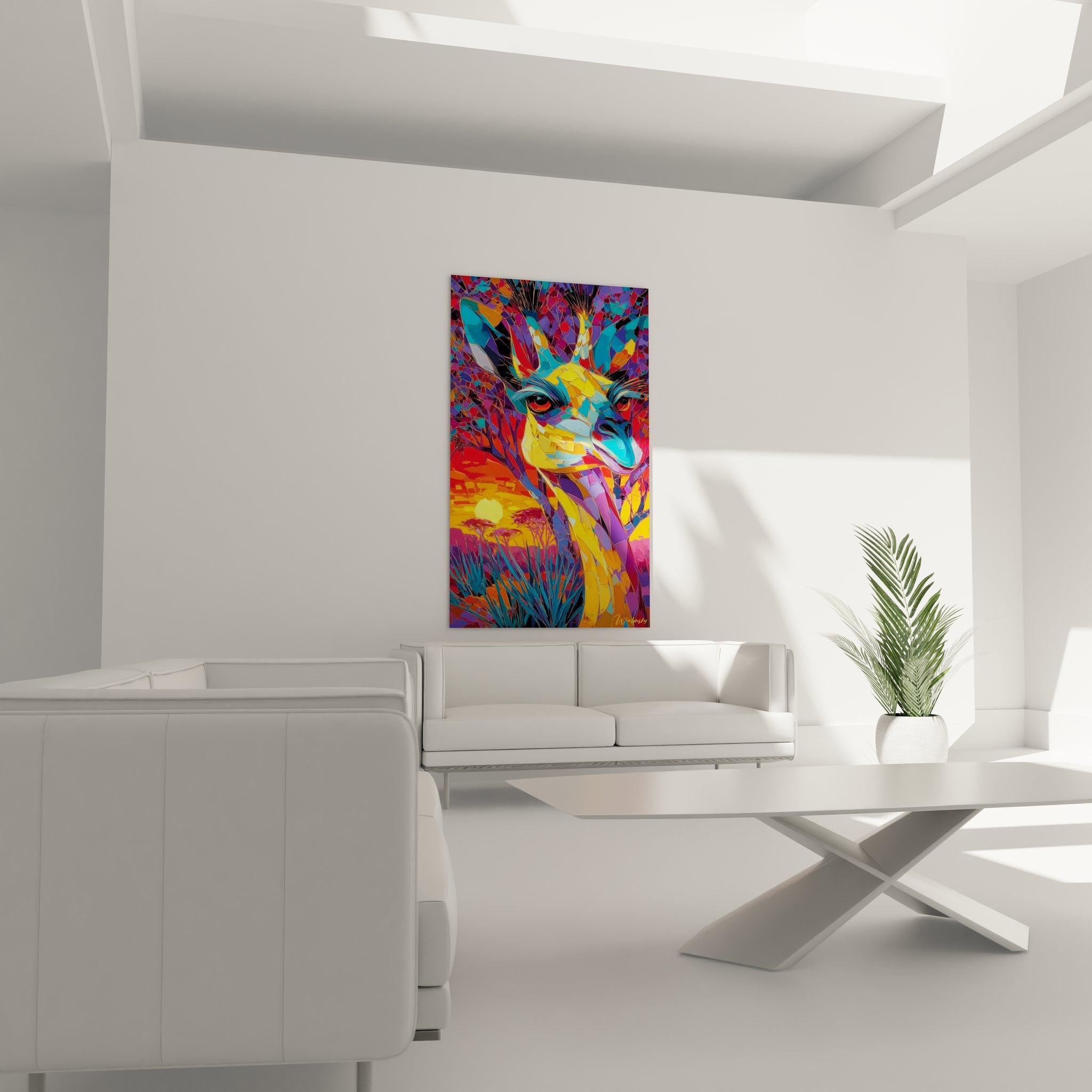 Gros plan détail tableau giraffe peinture moderne couleurs vives textures géométriques art tropical