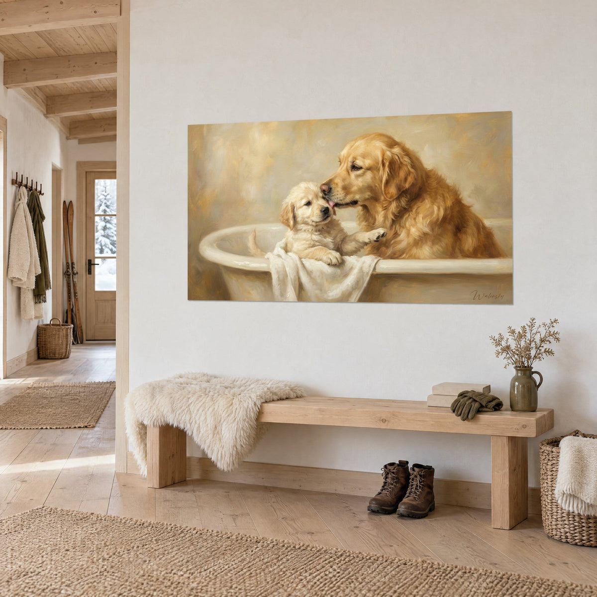 Gemälde Retriever-Mutter mit honigfarbenem Fell und ein cremeweißer Welpe, auf einem Handtuch zusammengerollt, Dreiviertelansicht vor weißer Wand, helle Holzbank