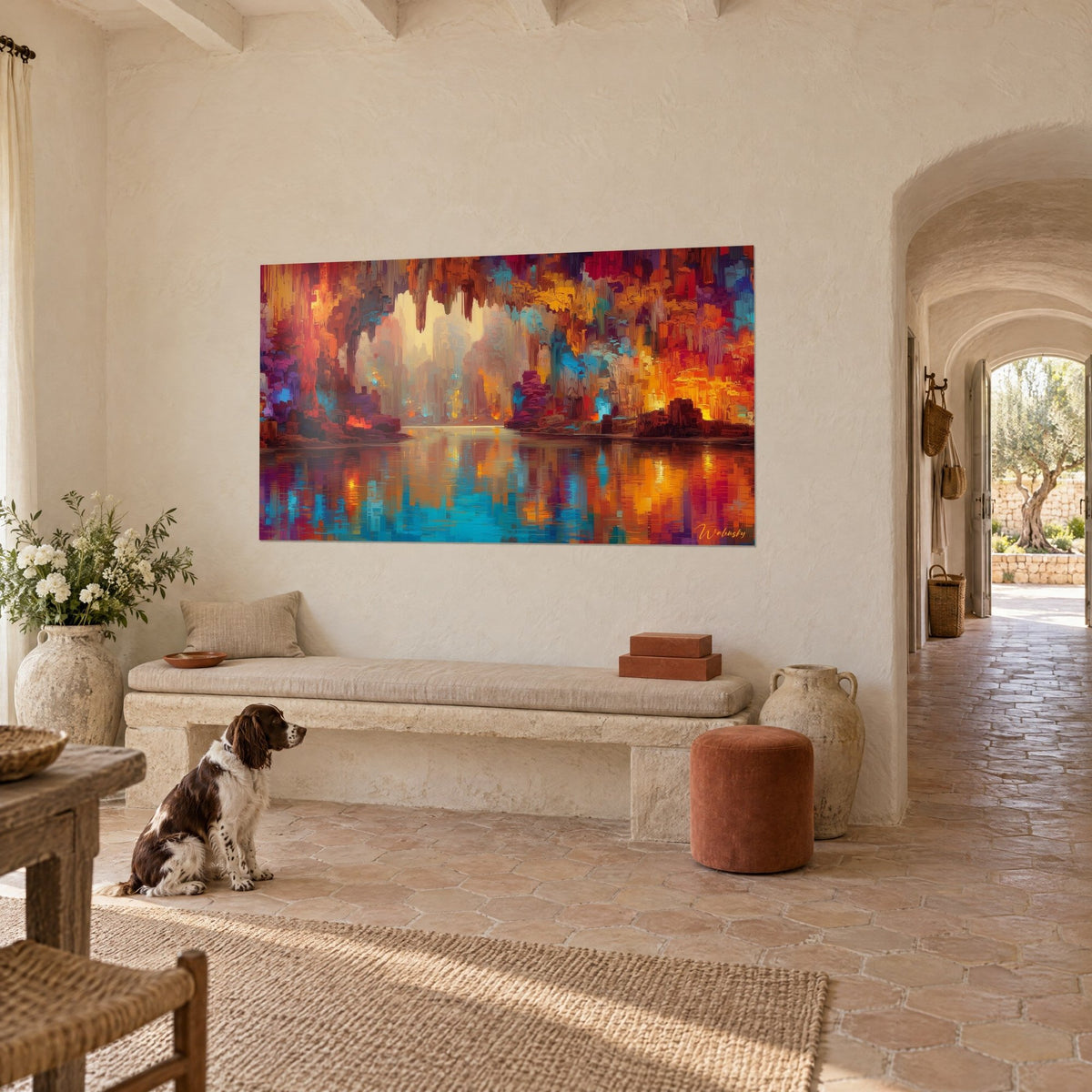 Wall art underground grotto in carmine and amber brushstrokes, blue lake reflecting the vaulted ceiling, seated spaniel, Provençal farmhouse
