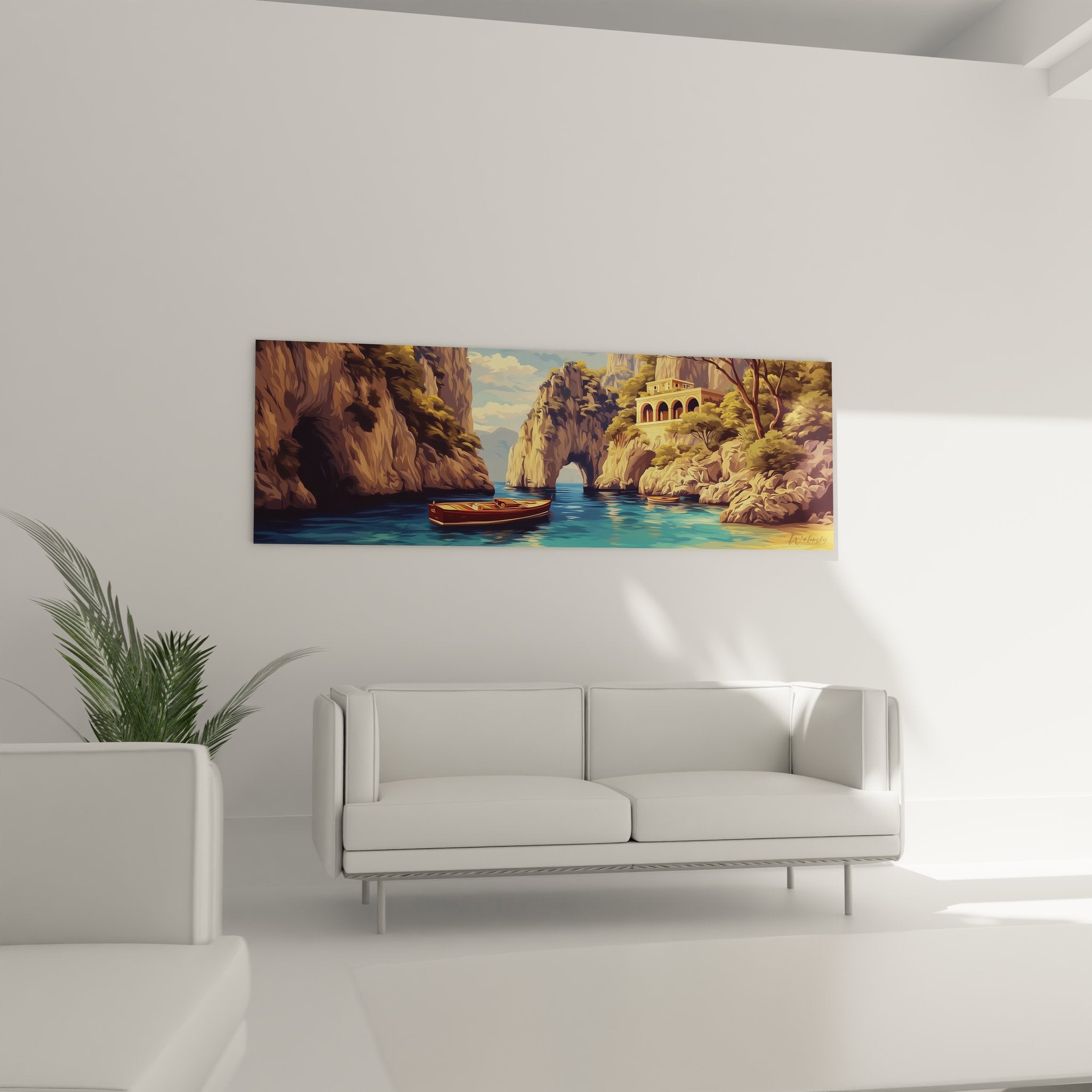 Détail tableau grotte marine montrant textures falaises calcaires et reflets bateau sur eaux cristallines