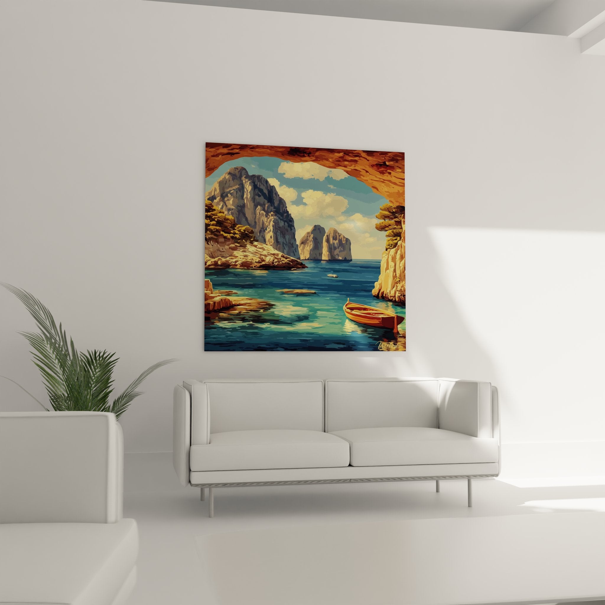 Détail tableau grotte marine textures roches calcaires dorées reflets eaux cristallines Capri