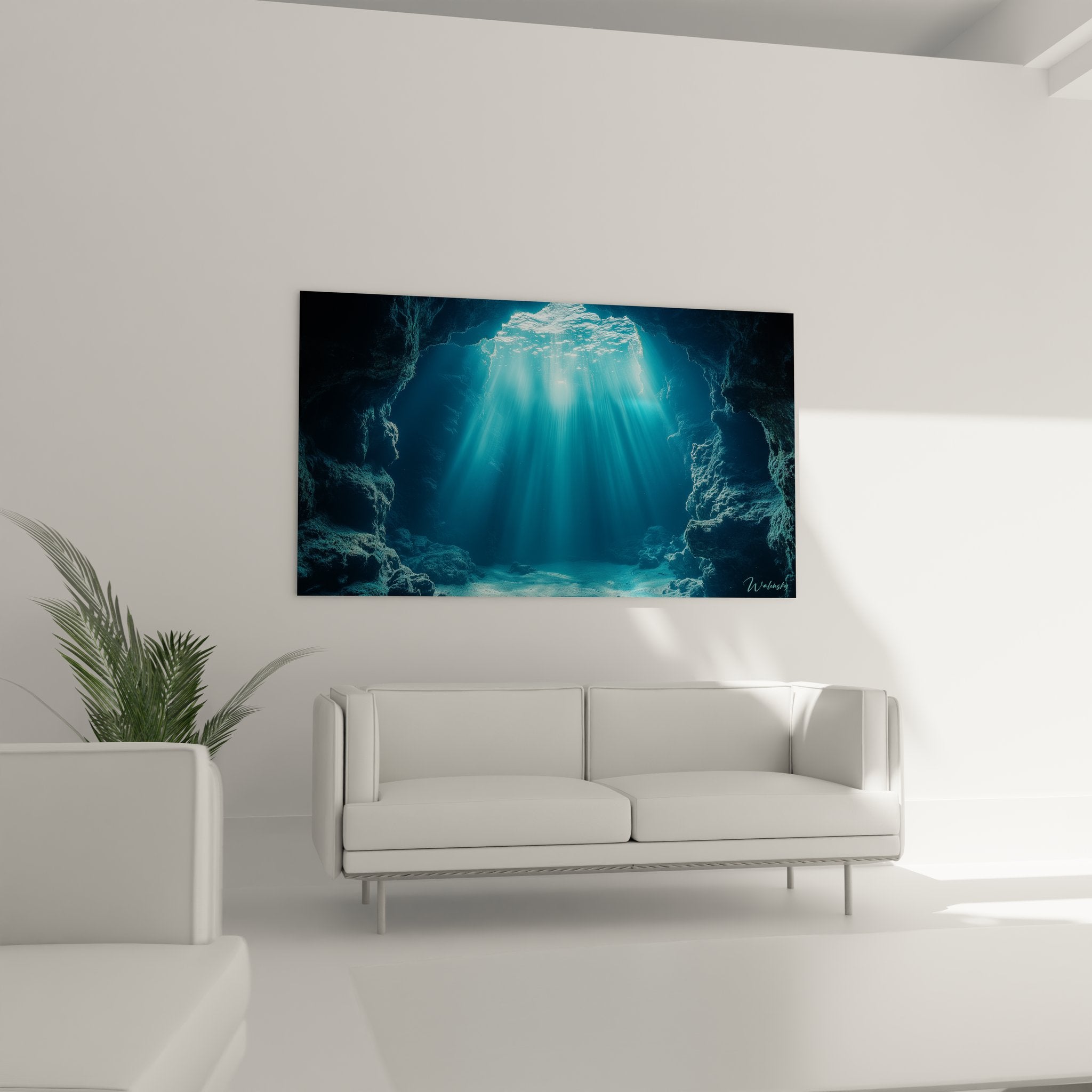 Détail tableau grotte sous-marine, textures rocheuses et jeux de lumière aquatique artistiques
