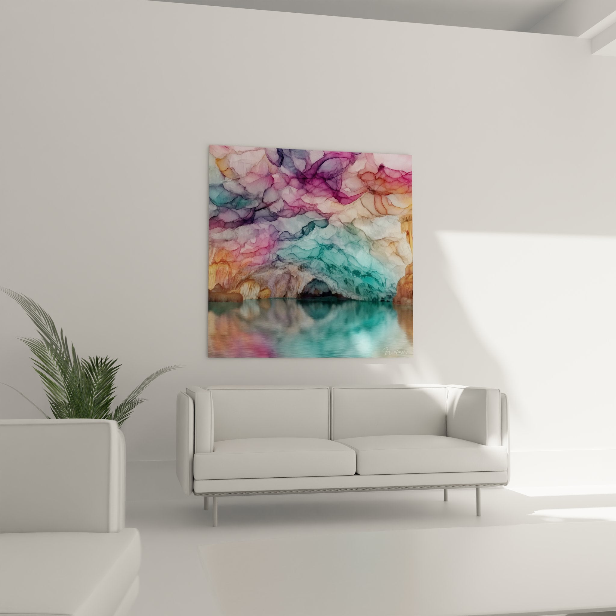 Détail rapproché tableau grotte souterraine - textures colorées et reflets aquatiques artistiques