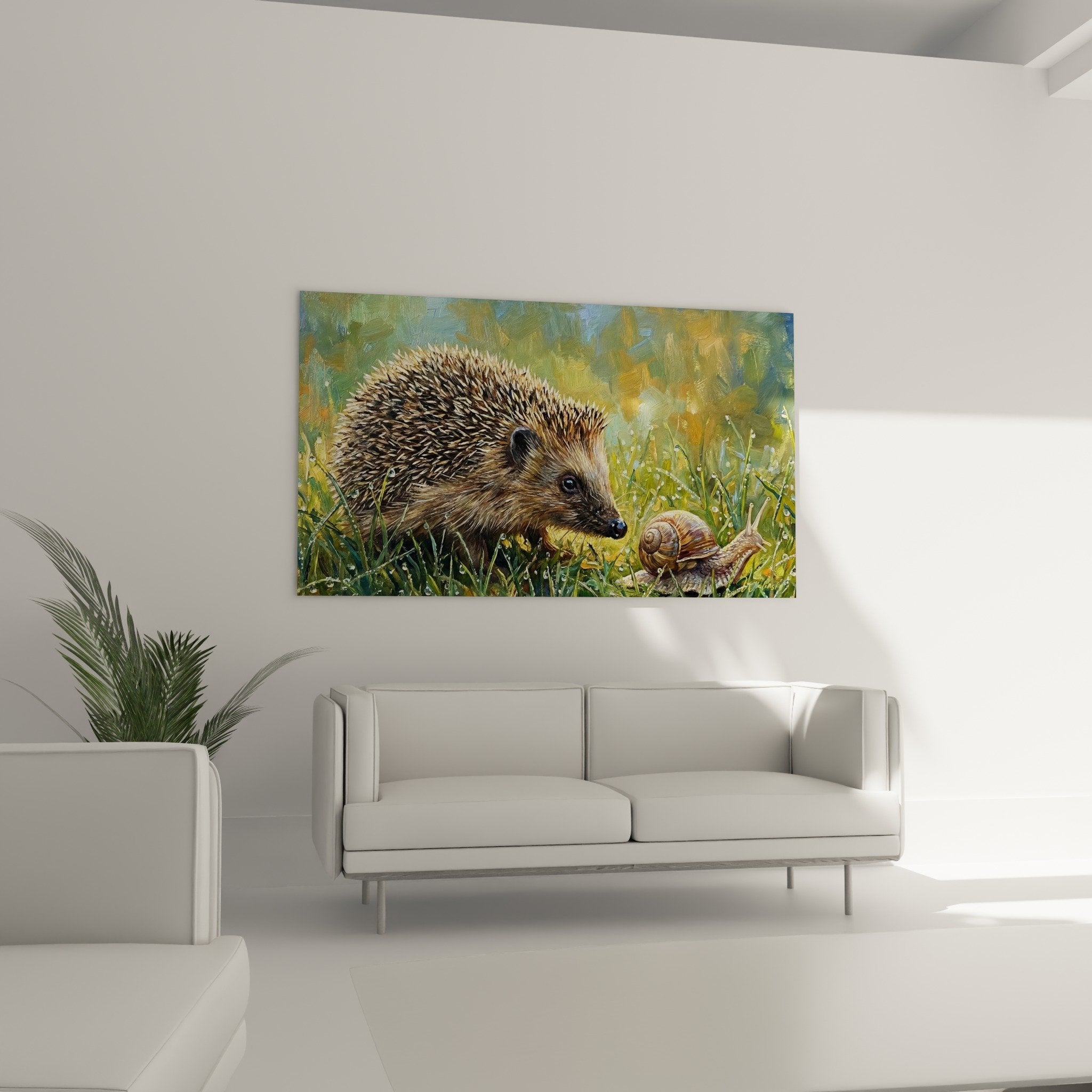 Detail Igel-Kunstwerk realistisch Fellstruktur goldene Stacheln und zarte Gesichtsausdruck gegenüber Schnecke