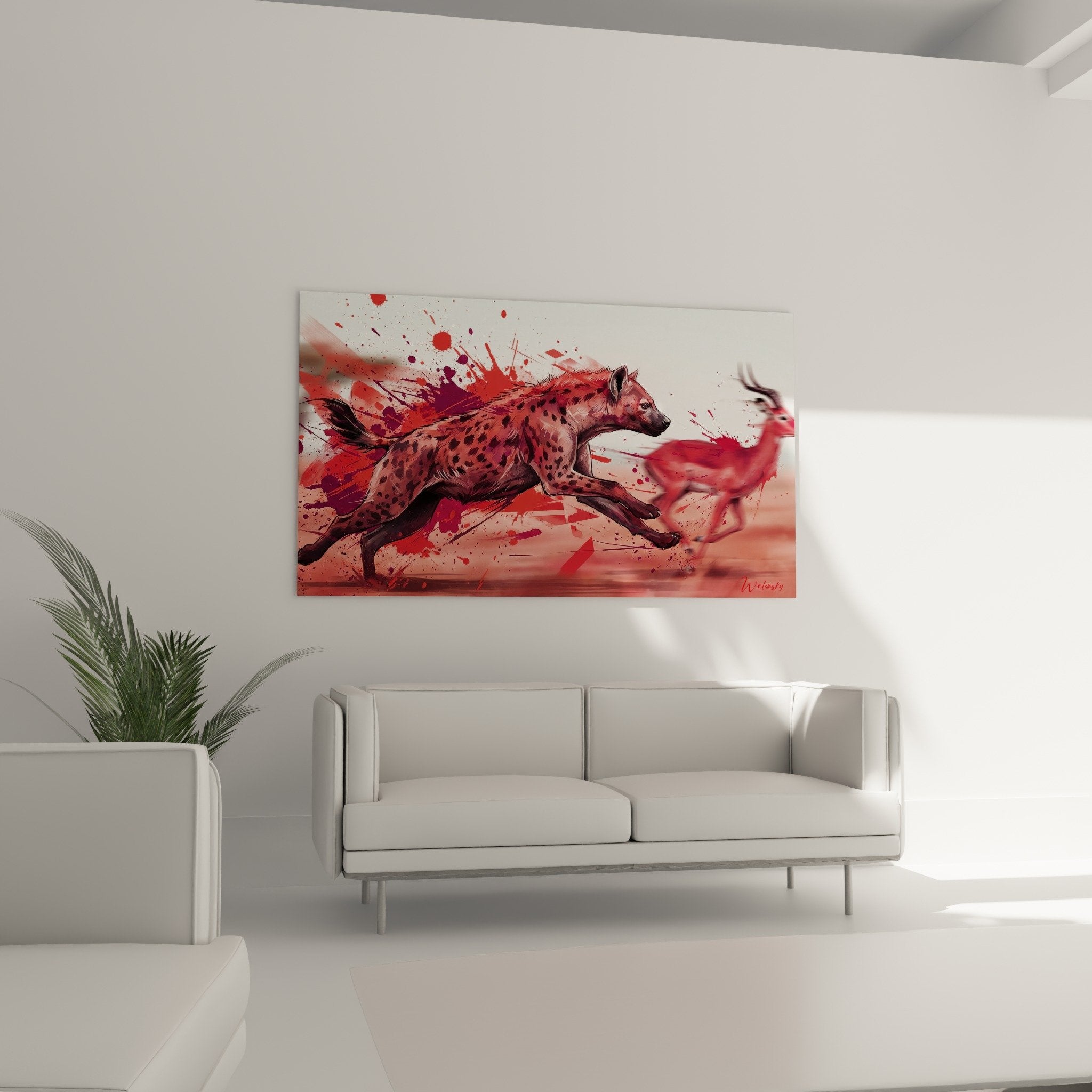 Detailansicht Hyänentafel rot, Farbspritzer und natürliche Fellflecken, zeitgenössische Kunst