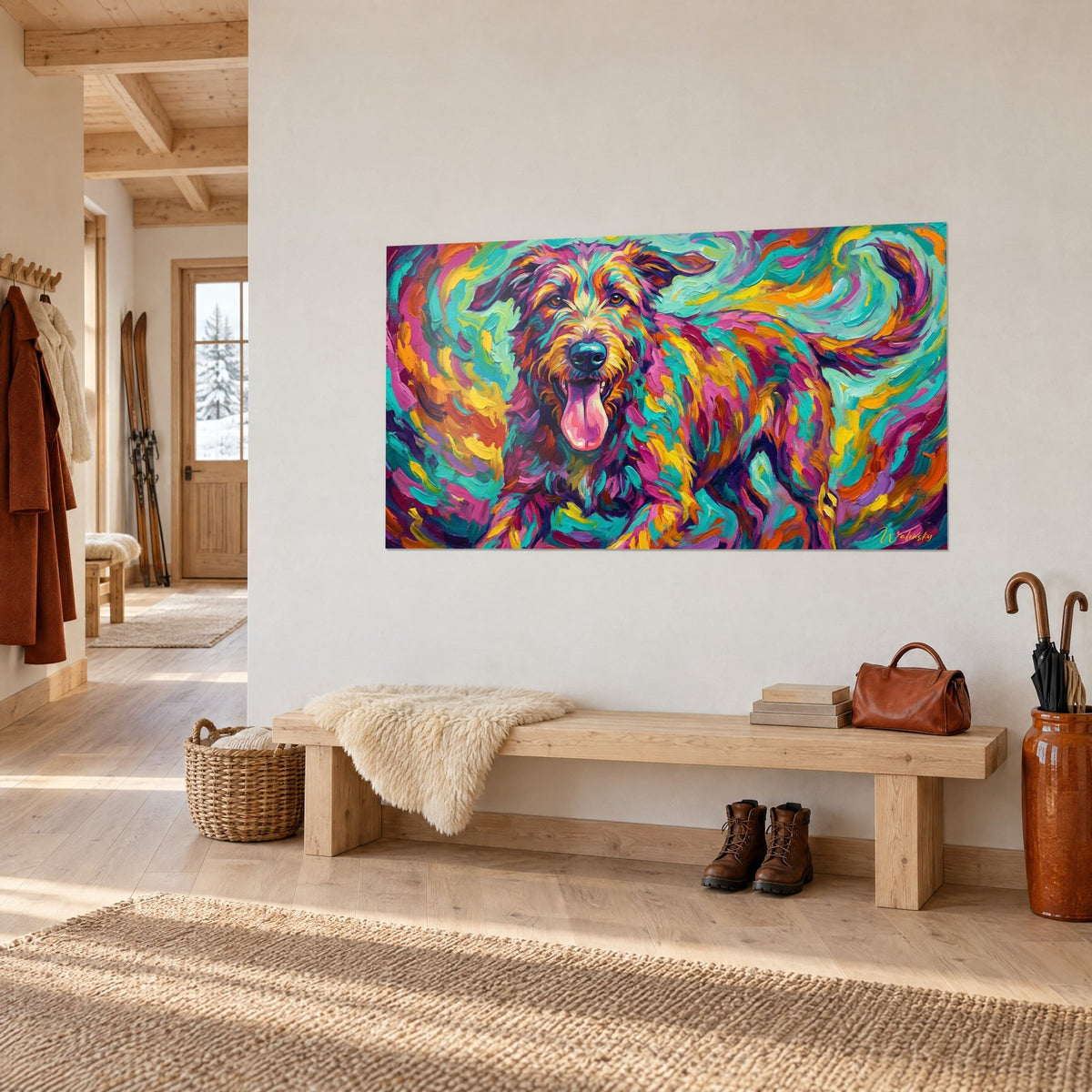 Wall art wire-haired dog striped in orange and yellow, green swirls in the background, three-quarter view in a light wood hallway