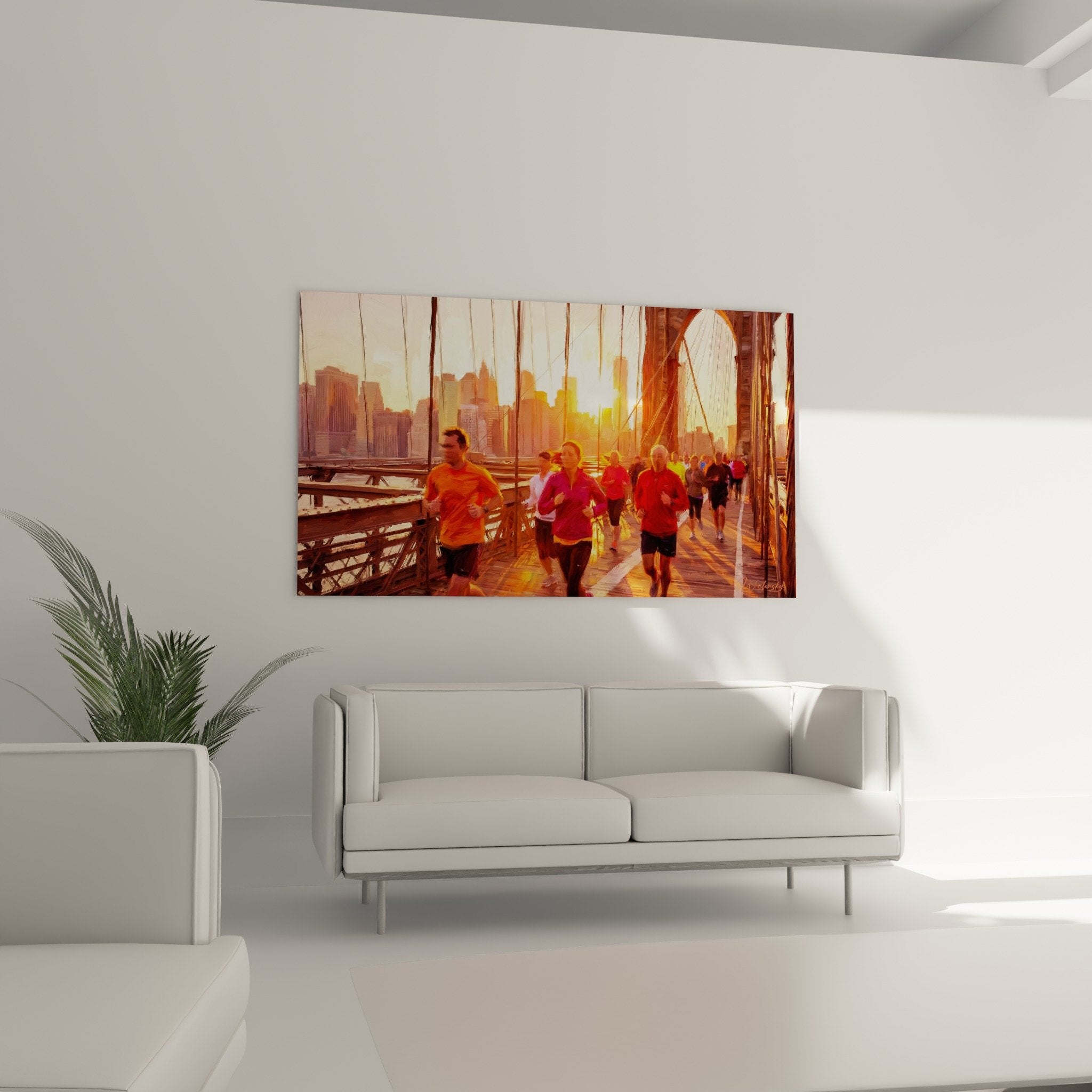 Detail tableau coureurs jogging pont cables metalliques Manhattan couleurs chaudes orange cuivre